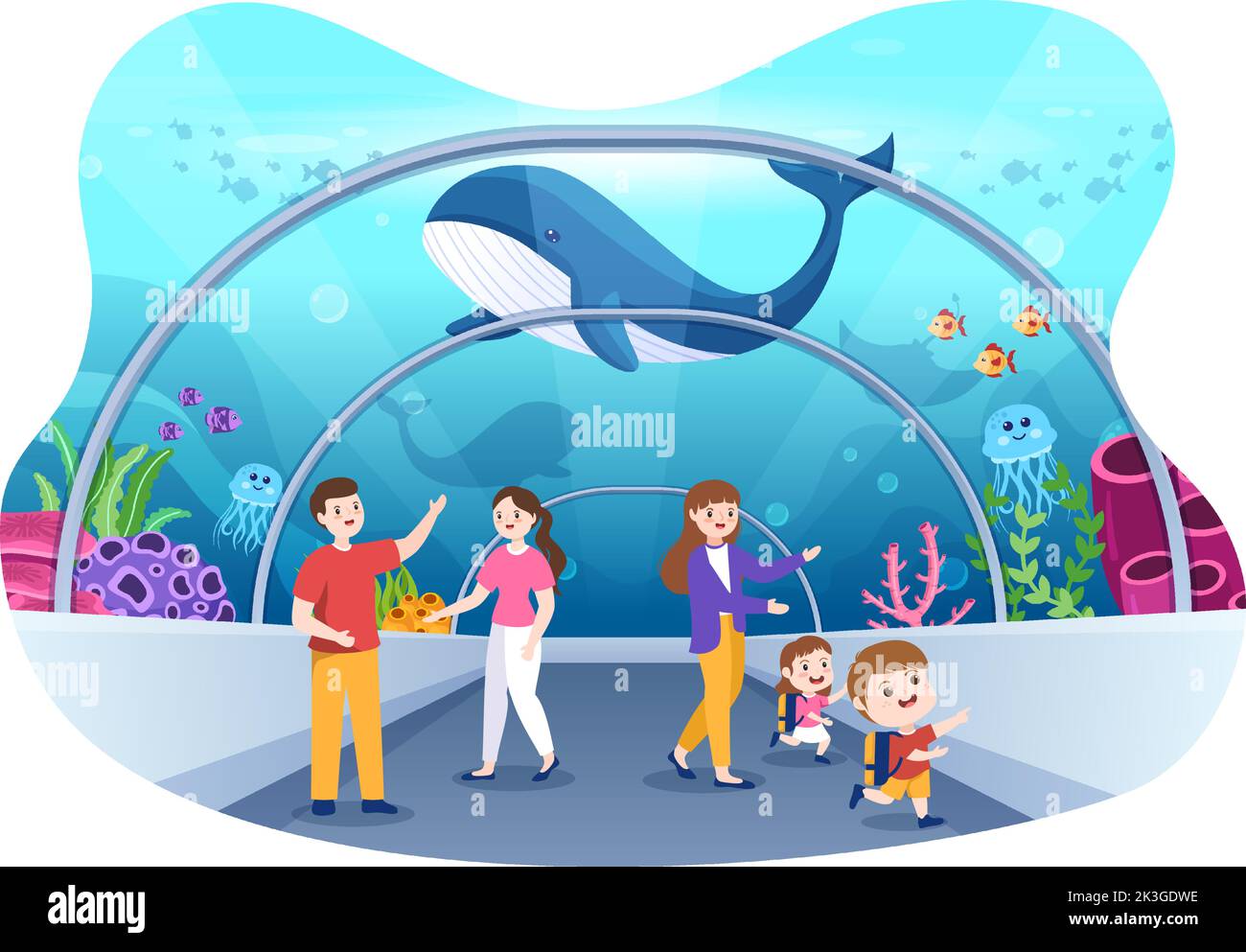 Maquette d'aquarium dessin à la main dessin à l'écran Illustration avec la famille et les enfants regardant le poisson sous-marin, la variété d'animaux marins, la flore et la faune marines Illustration de Vecteur