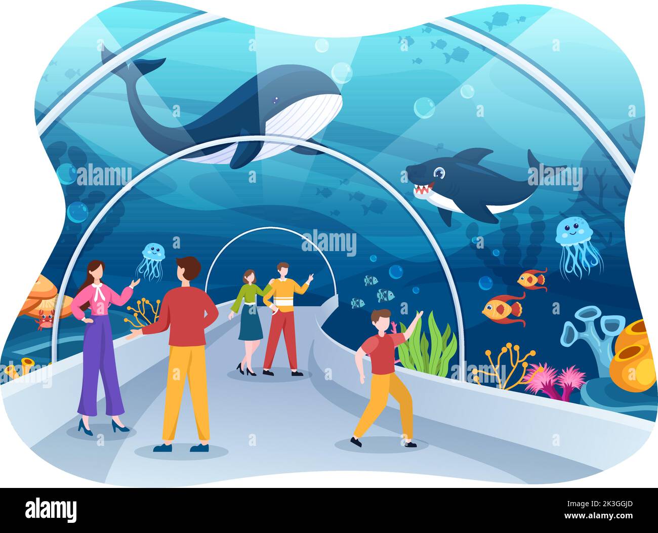 Maquette d'aquarium dessin à la main dessin à l'écran Illustration avec la famille et les enfants regardant le poisson sous-marin, la variété d'animaux marins, la flore et la faune marines Illustration de Vecteur