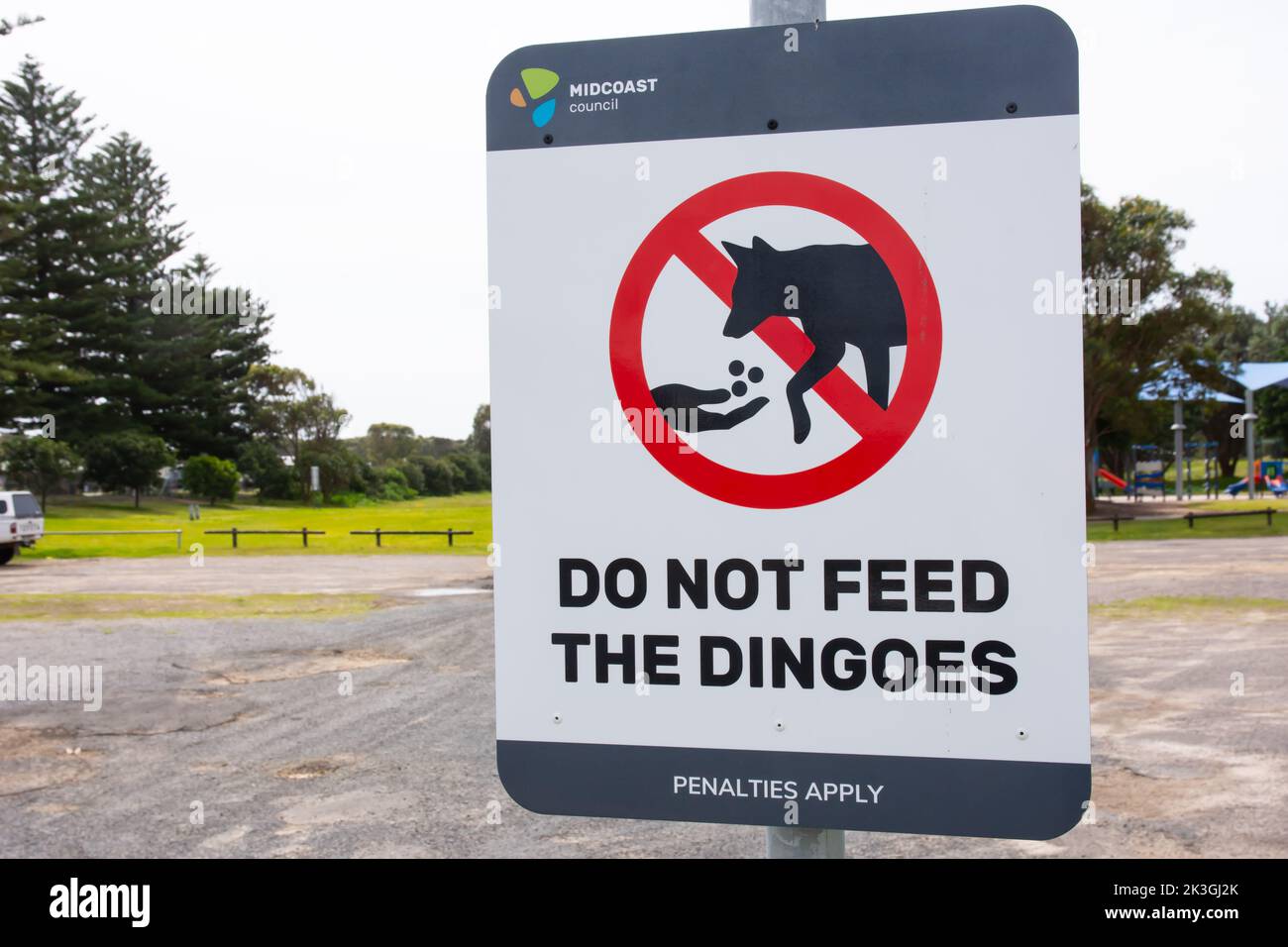 Affiche indiquant de ne pas alimenter les dingos Banque D'Images