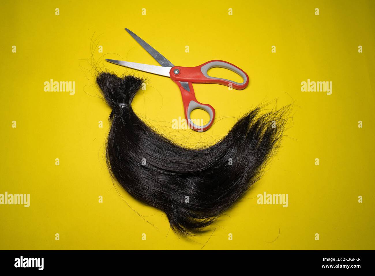 Une mèche de cheveux et de ciseaux Banque D'Images