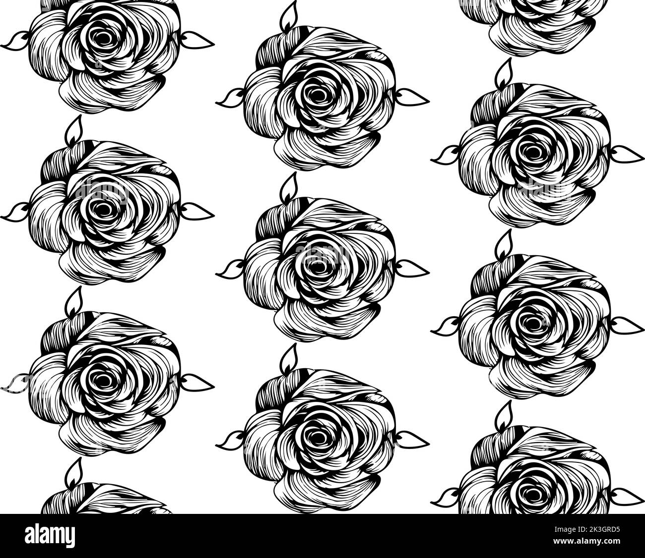 Motif de dessin vectoriel sans couture fait de fleurs roses noires dessinées à la main sur blanc Illustration de Vecteur