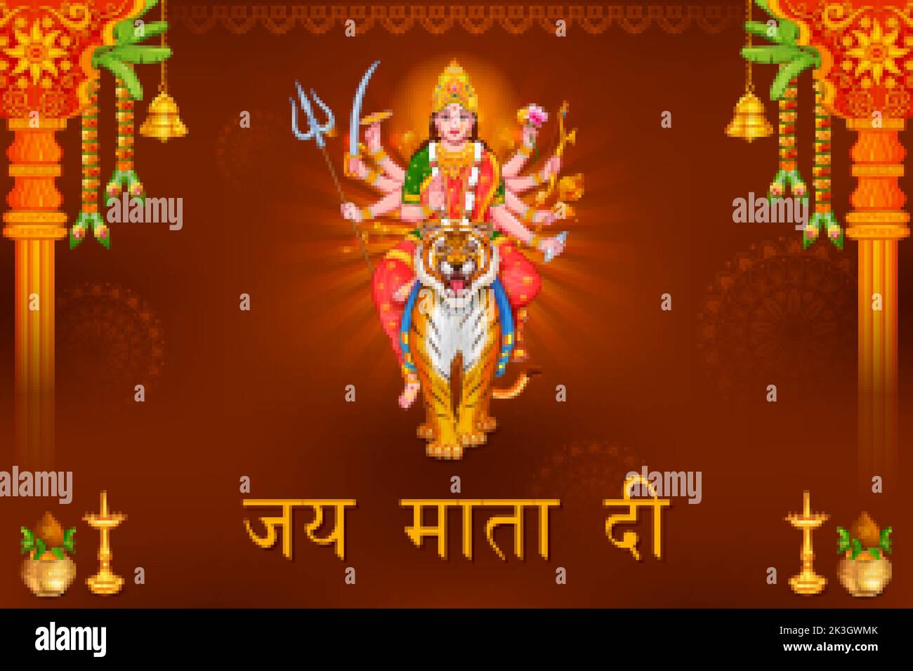 Sherawali Maa dans Happy Durga Puja Subh Navratri festival religieux indien fond avec le texte hindi Jai Mata Di signifie Hail Goddess Illustration de Vecteur