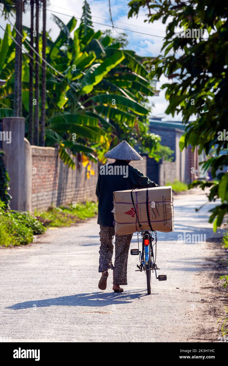 Homme vietnamien avec chapeau de bambou poussant vélo à travers le village rural de montagne Hoang Mai, Hai Phong, Vietnam Banque D'Images