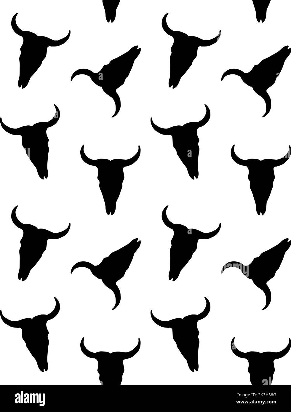 Motif vectoriel sans couture de l'esquisse de la doodle dessinée à la main crâne de taureau de vache noir isolé sur fond blanc Illustration de Vecteur