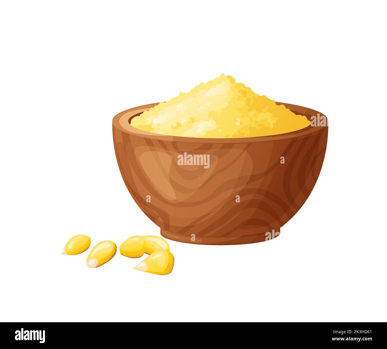 Farine de maïs dans un bol en bois avec graines. Aliments sains sans gluten. Poudre en produit biologique. Illustration vectorielle isolée sur fond blanc. Illustration de Vecteur