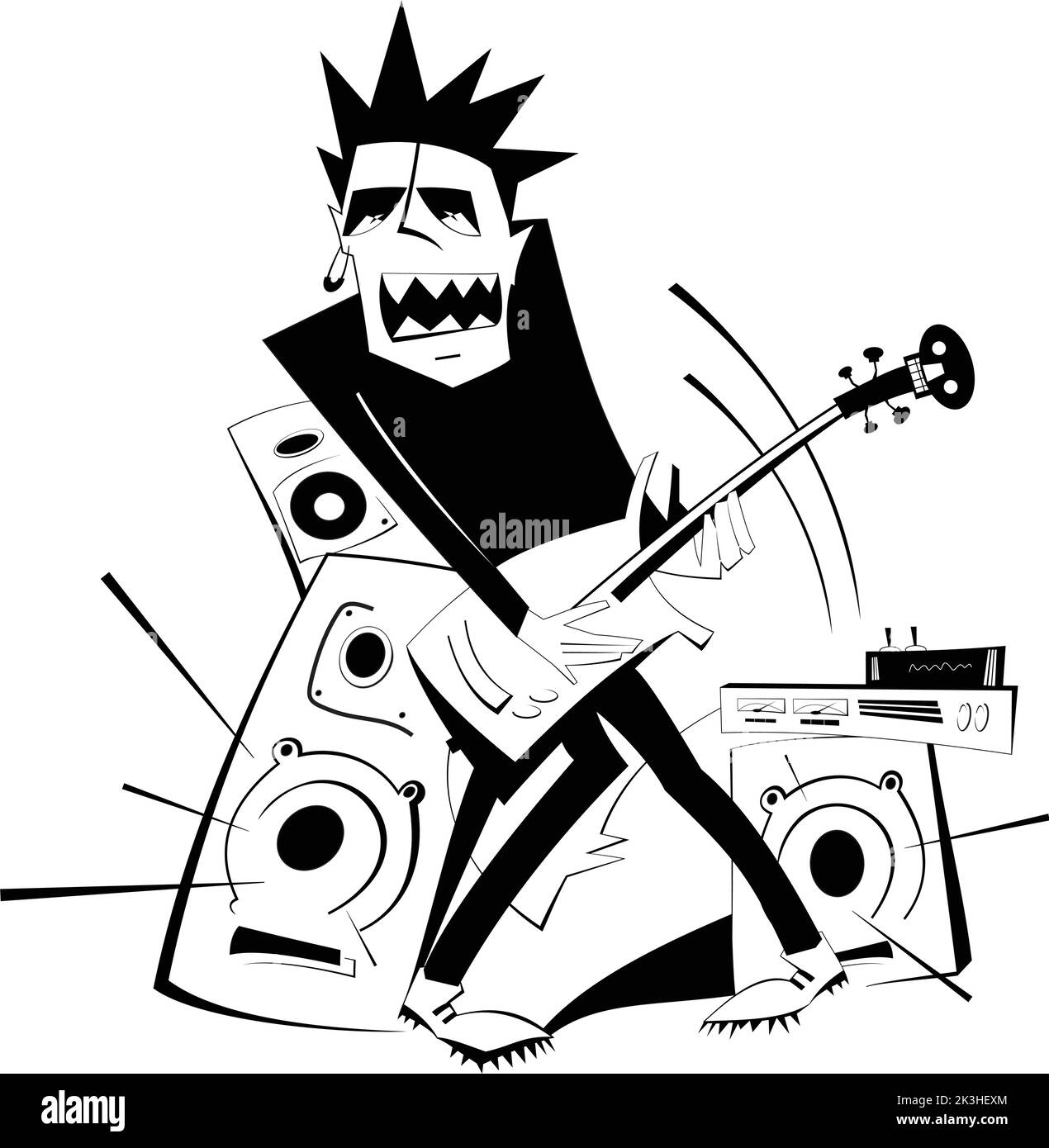 Dessin animé guitare joueur noir sur blanc illustration isolée. Le guitariste expressif joue de la musique forte à l'aide d'un amplificateur et de plusieurs haut-parleurs Illustration de Vecteur