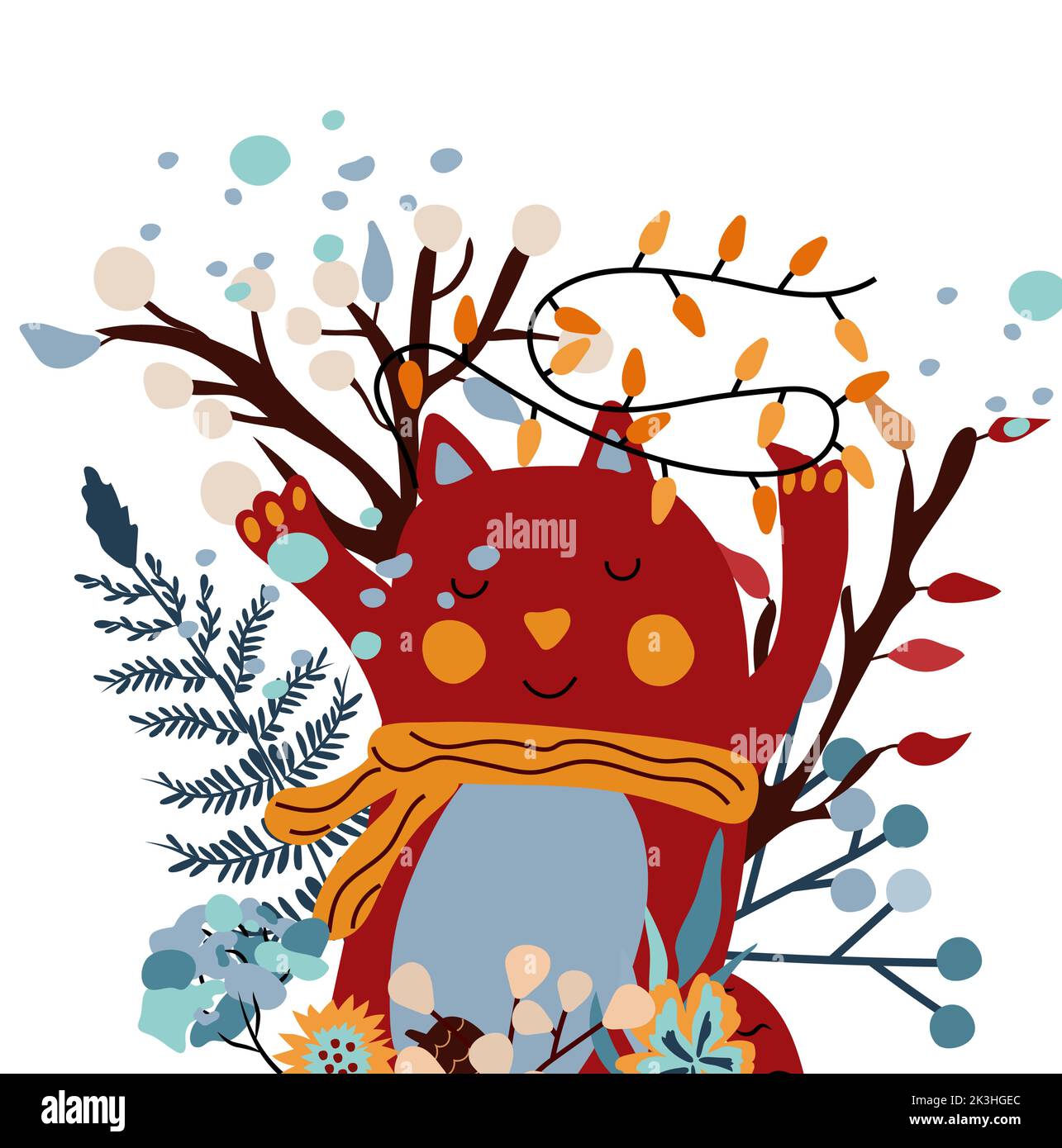 Arrière-plan avec un chat drôle dans un foulard tenant des guirlandes, des feuilles décoratives, des baies, des fleurs d'hiver. Animal d'hiver magique. Idéal pour les cartes de vœux, les affiches, les dépliants, les bannières. Vecteur. Illustration de Vecteur