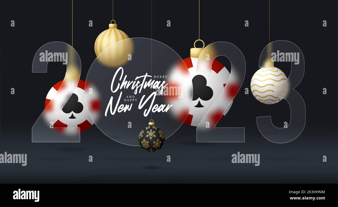 casino de poker 2023 bannière de vente ou carte de voeux. Joyeux Noël et bonne nouvelle année 2023 bannière avec glassmorphisme ou effet de flou de morphisme de verre. Reali Illustration de Vecteur