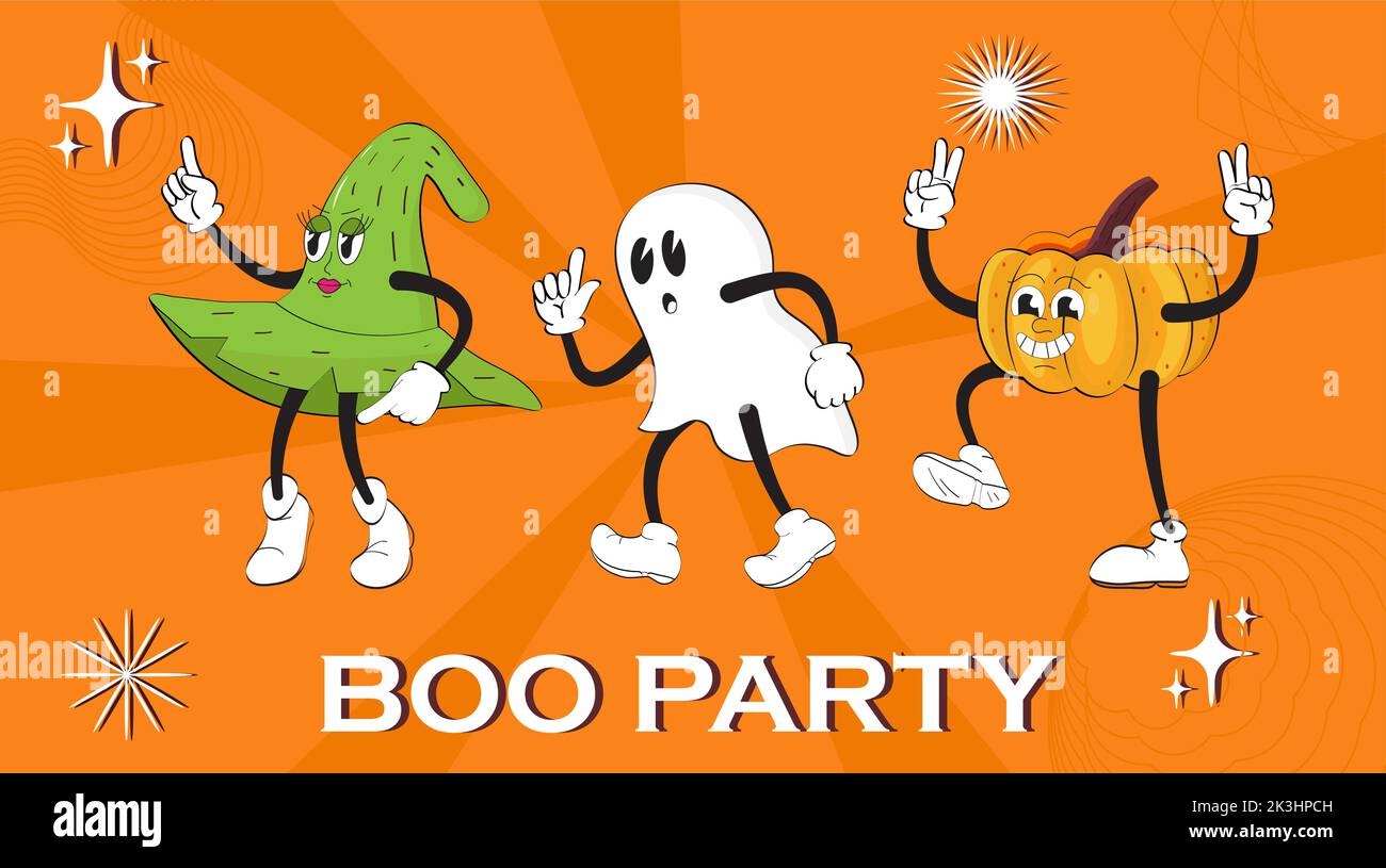 Mascotte Halloween de style rétro. Personnages d'Halloween, dont le fantôme, la citrouille et la sorcière avec des mains gantées. Bano Pack Boo de dessin animé drôle Illustration de Vecteur