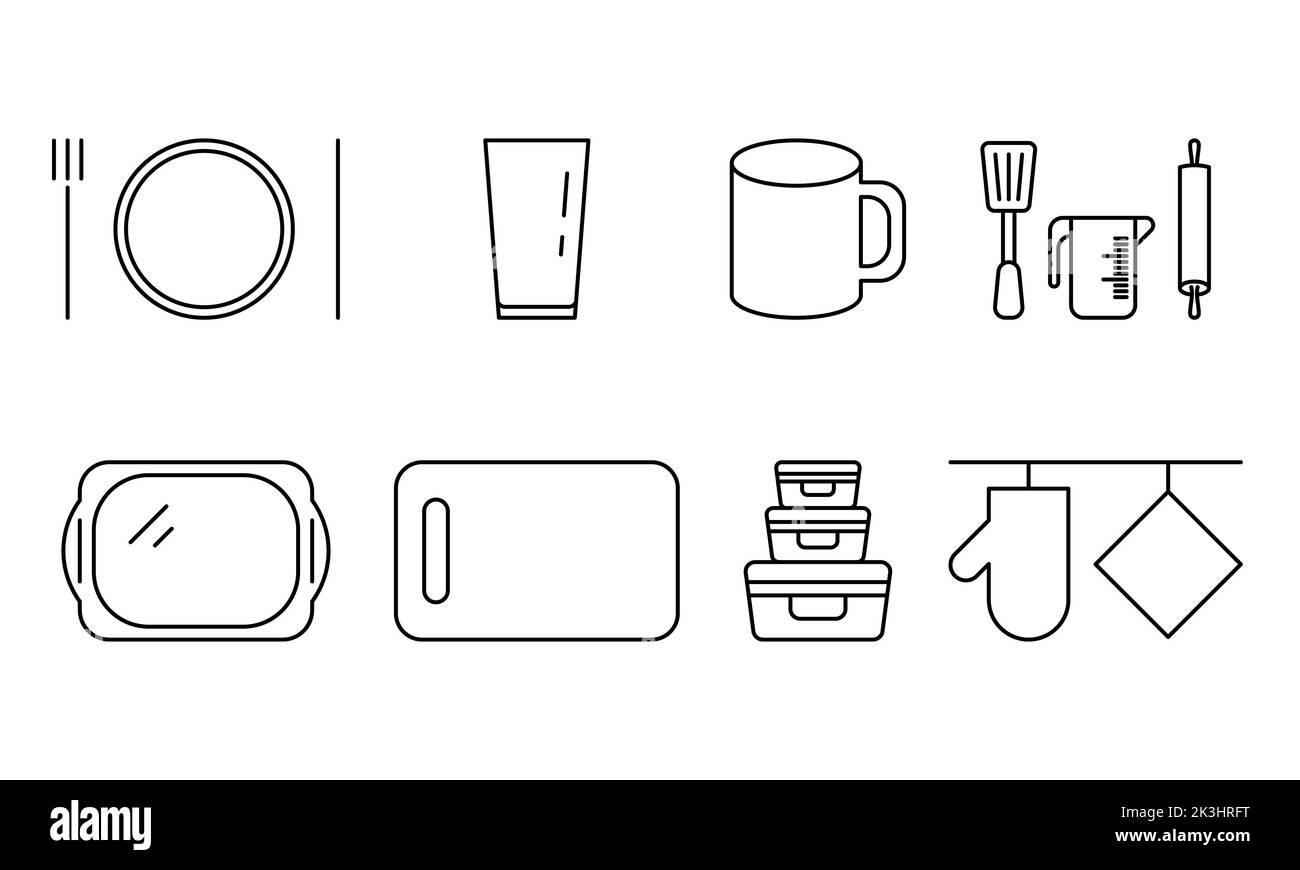 Accessoires de cuisine vecteur noir icône. EPS 10..... Couverts, assiette. Outils de cuisine. Verre, tasse, plateau. Panneau de la cuisine. Organisation et spéléologues. Banque D'Images