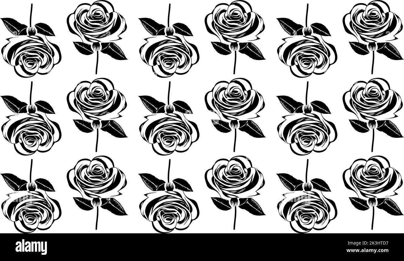 Motif vectoriel sans couture fait de fleurs roses noires dessinées à la main avec feuilles et tige sur blanc Illustration de Vecteur