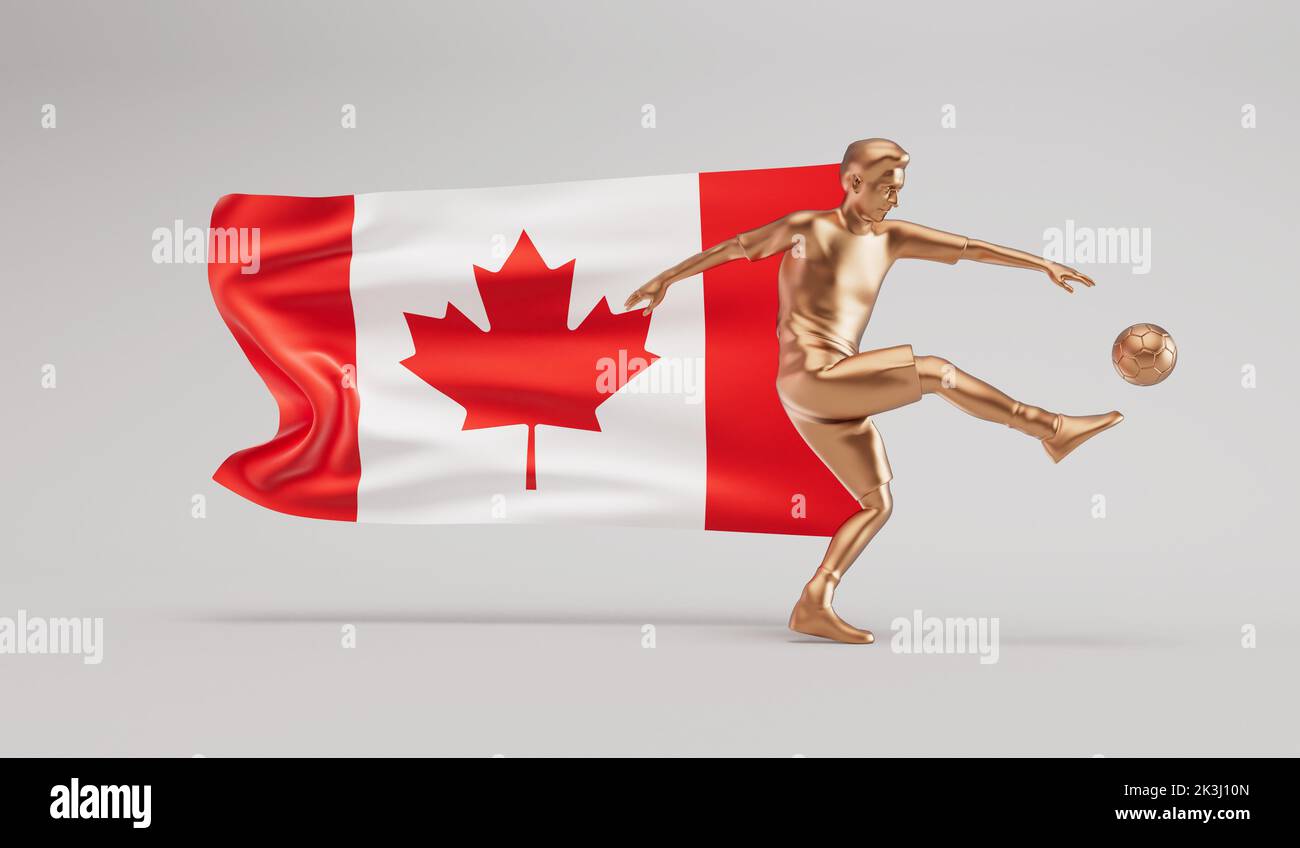 Un joueur de football de football d'or qui donne un coup de pied à une balle avec le drapeau du canada. 3D rendu Banque D'Images