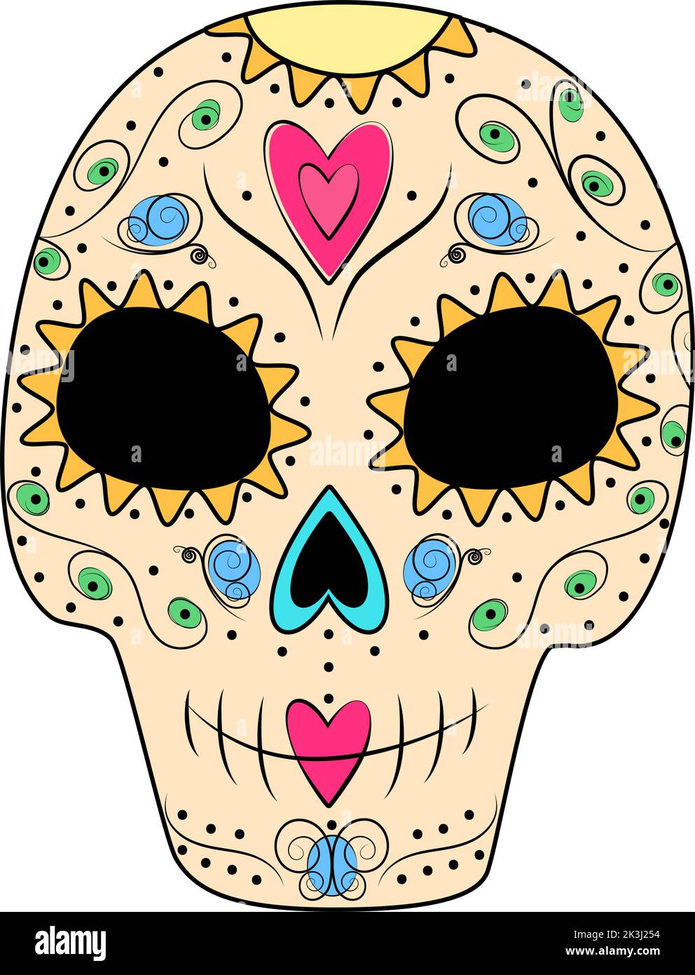 Crâne à sucre coloré avec éléments floraux, papillon et coeurs. Jour des morts. Dia de los muertos. Mexique. Isoler. Autocollant, icône. Bon pour l'affiche, la carte, les invitations, la bannière, la circulaire Illustration de Vecteur