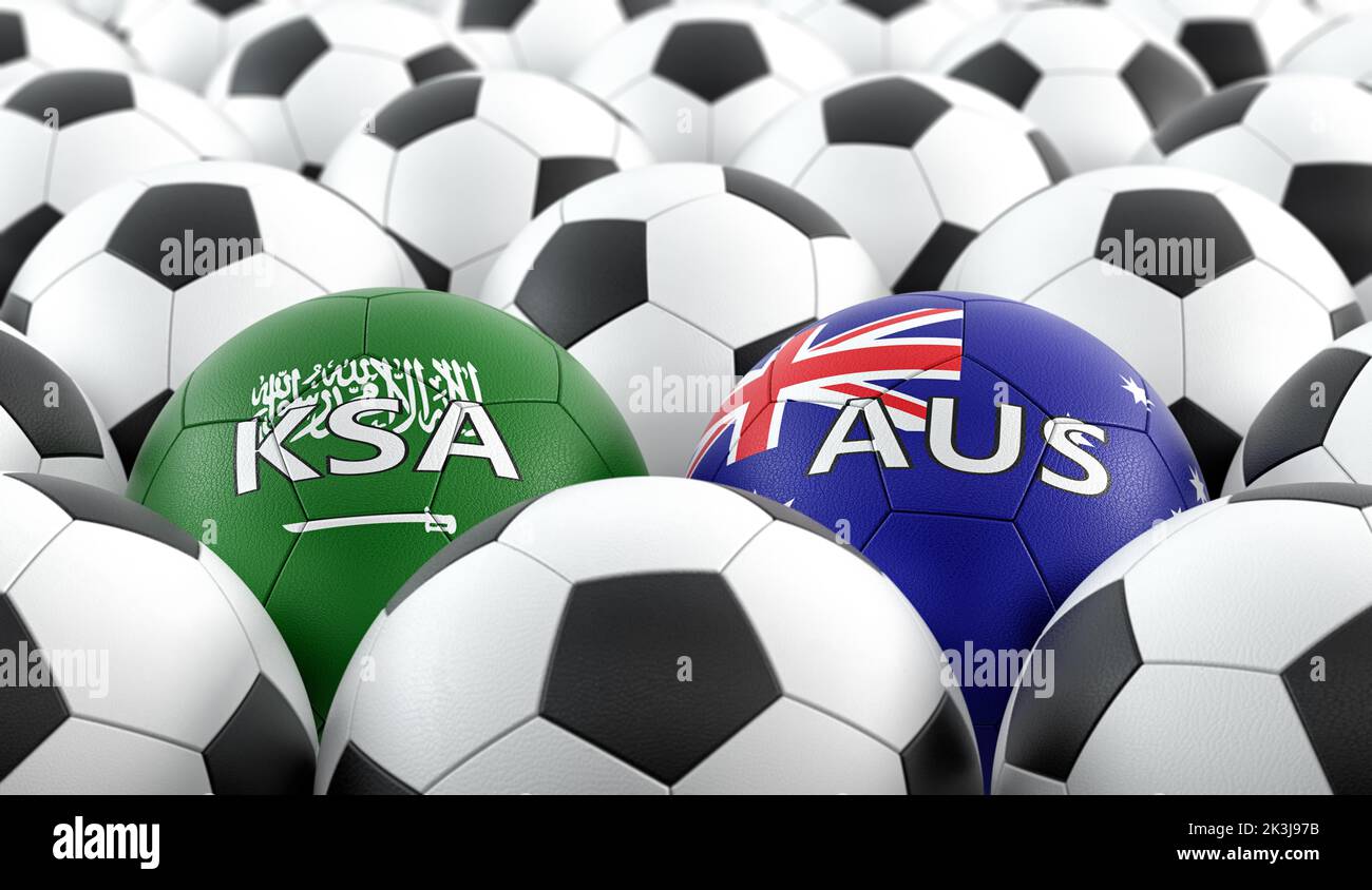 Match de football de l'Australie contre l'Arabie Saoudite - balles en cuir aux couleurs nationales de l'Australie et de l'Arabie Saoudite. 3D rendu Banque D'Images