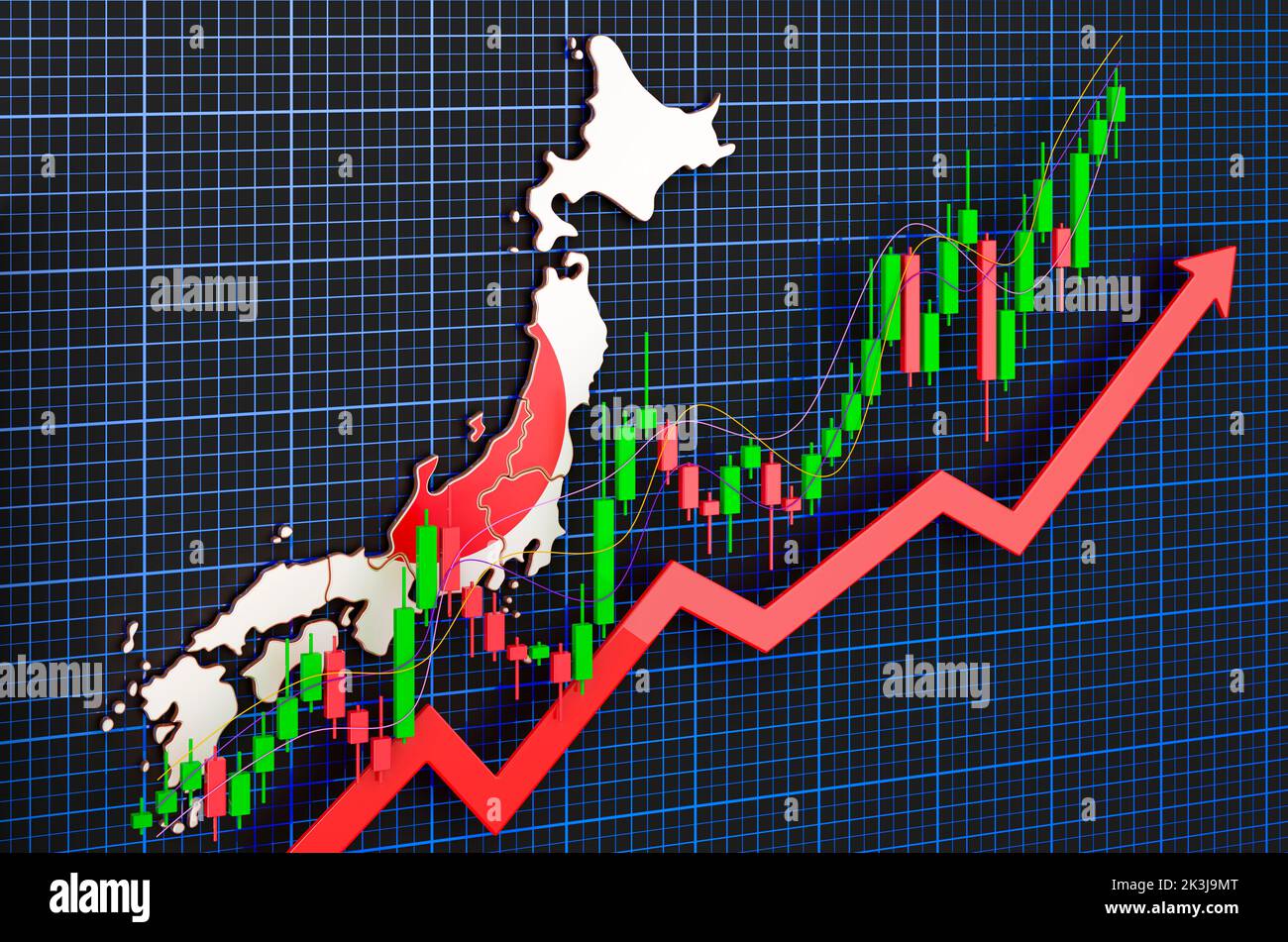 Croissance économique au Japon, marché à la hausse, concept. 3D rendu sur fond bleu foncé Banque D'Images