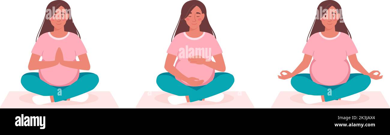 La femme enceinte fait du yoga. La fille est assise dans différentes poses, asanas. Grossesse active. Siddhasana, virasana, lotus. Ensemble d'illustrations vectorielles en arrière-plan isolé de style plat. Illustration de Vecteur