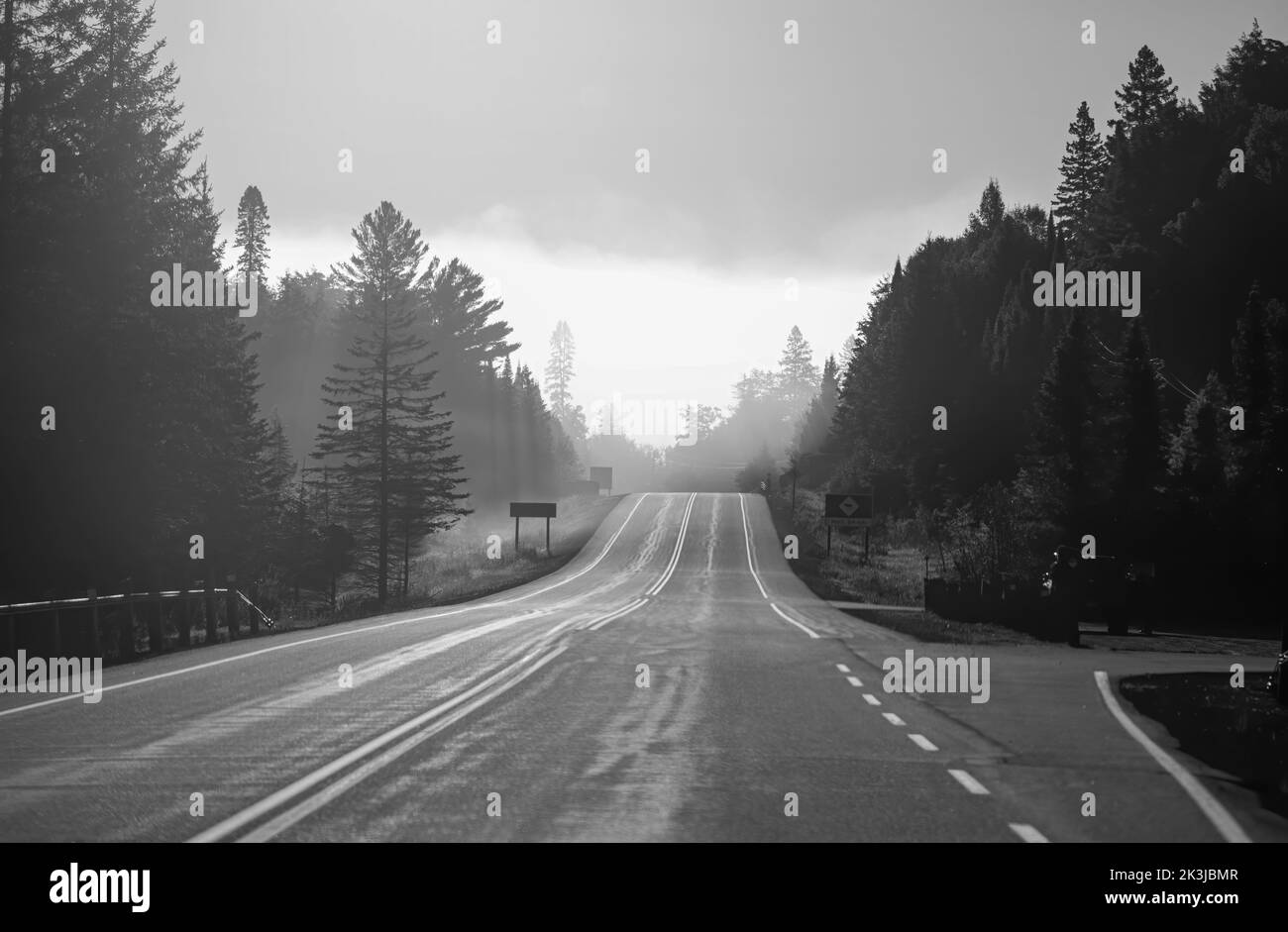 Brouillard matinal au début de l'automne sur l'autoroute 60, dans le parc Algonquin, Canada Banque D'Images