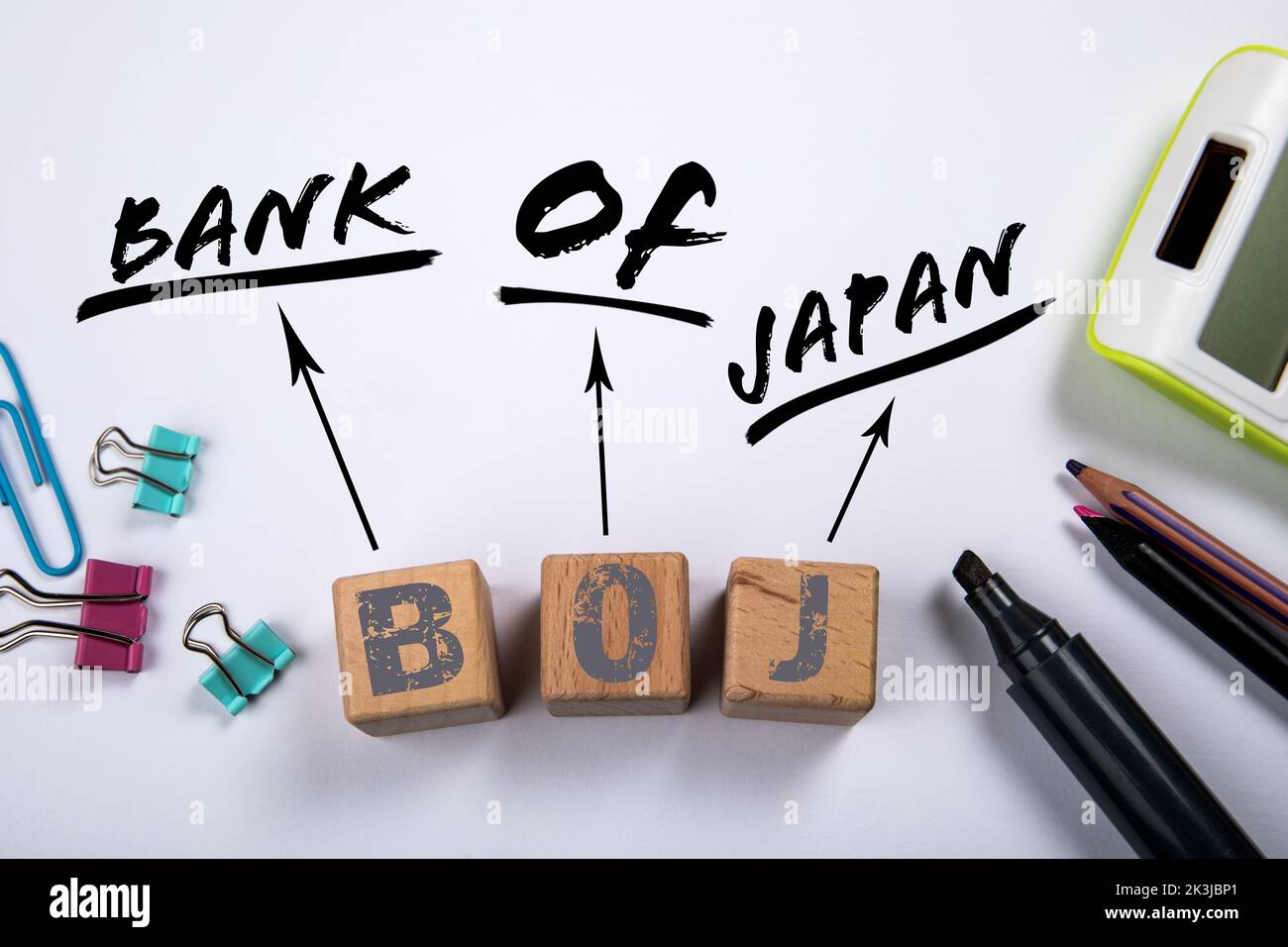 BOJ - Banque du Japon. Texte et blocs de bois sur une table de bureau blanche. Banque D'Images