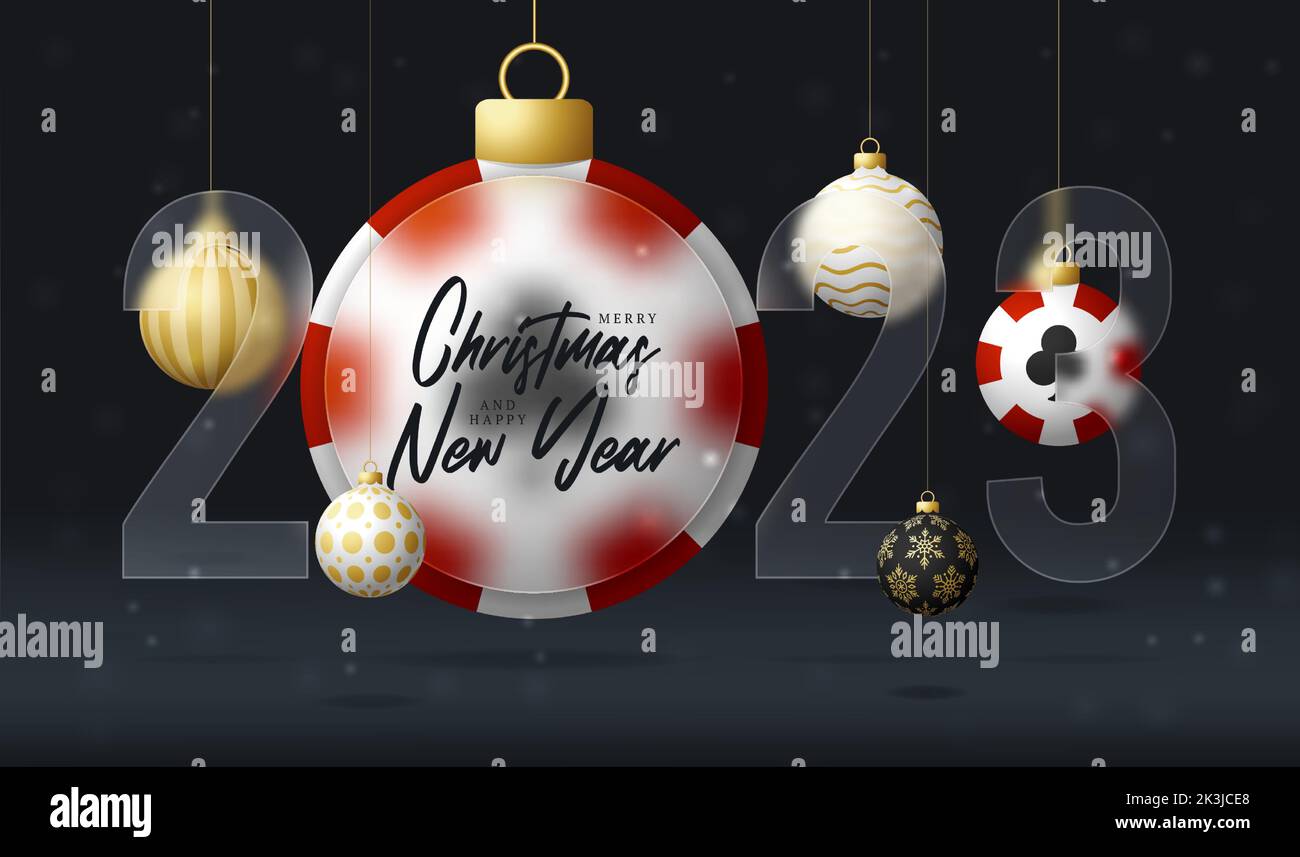 casino de poker 2023 bannière de vente ou carte de voeux. Joyeux Noël et bonne nouvelle année 2023 bannière avec glassmorphisme ou effet de flou de morphisme de verre. Reali Illustration de Vecteur