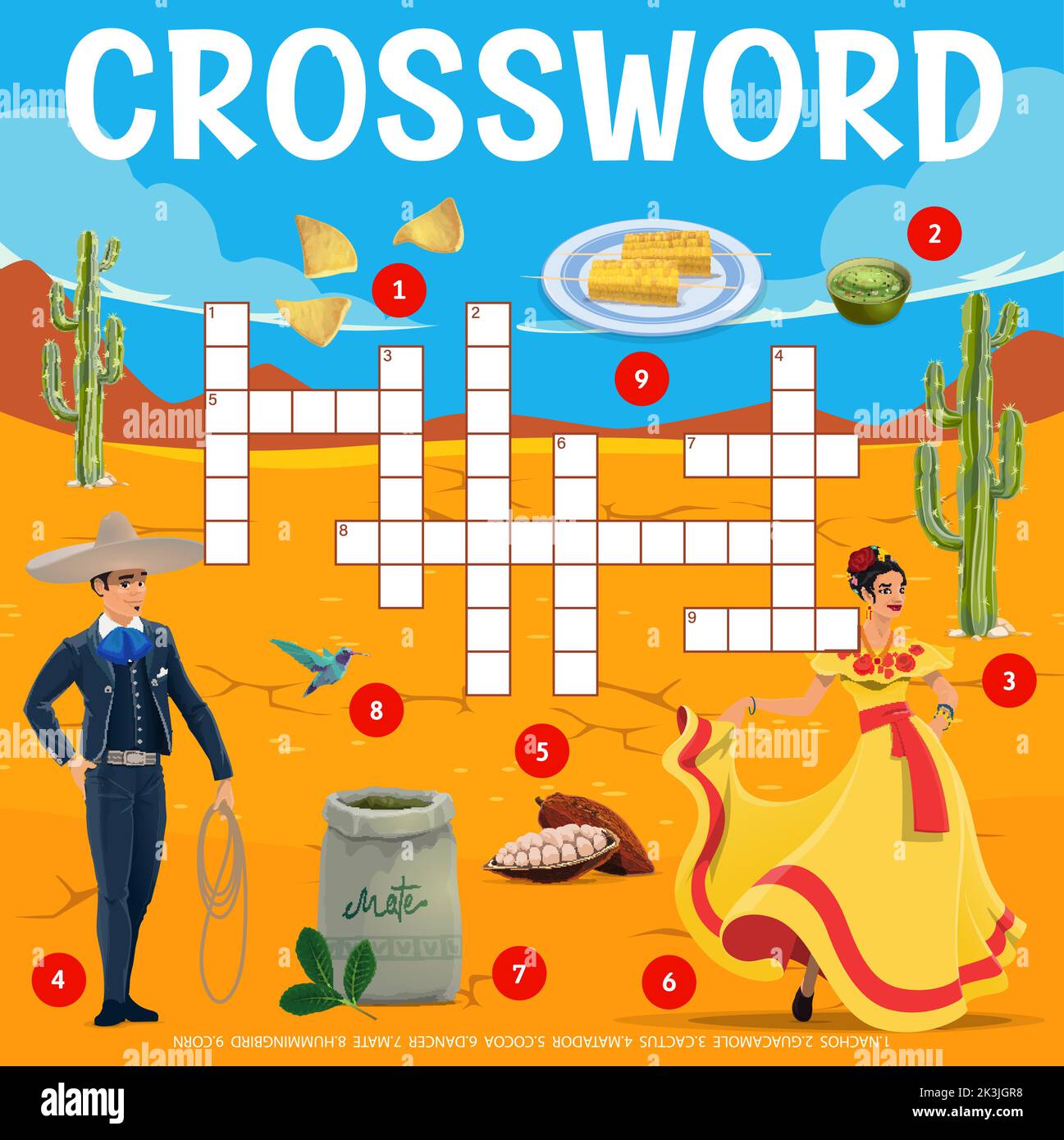 La nourriture mexicaine et les gens en costumes nationaux, tableau de grille de mots croisés, vecteur trouver mot quiz. Mot-clé pour deviner mot de matador mexicain, cacao et colibri avec le maïs et nachos ou cactus Illustration de Vecteur