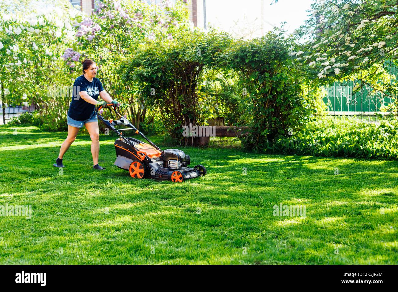 Vue arrière d'une jardinière féminine dans des vêtements décontractés en appréciant couper de l'herbe fraîche avec une tondeuse à gazon ou un coupe-herbe dans la cour Banque D'Images