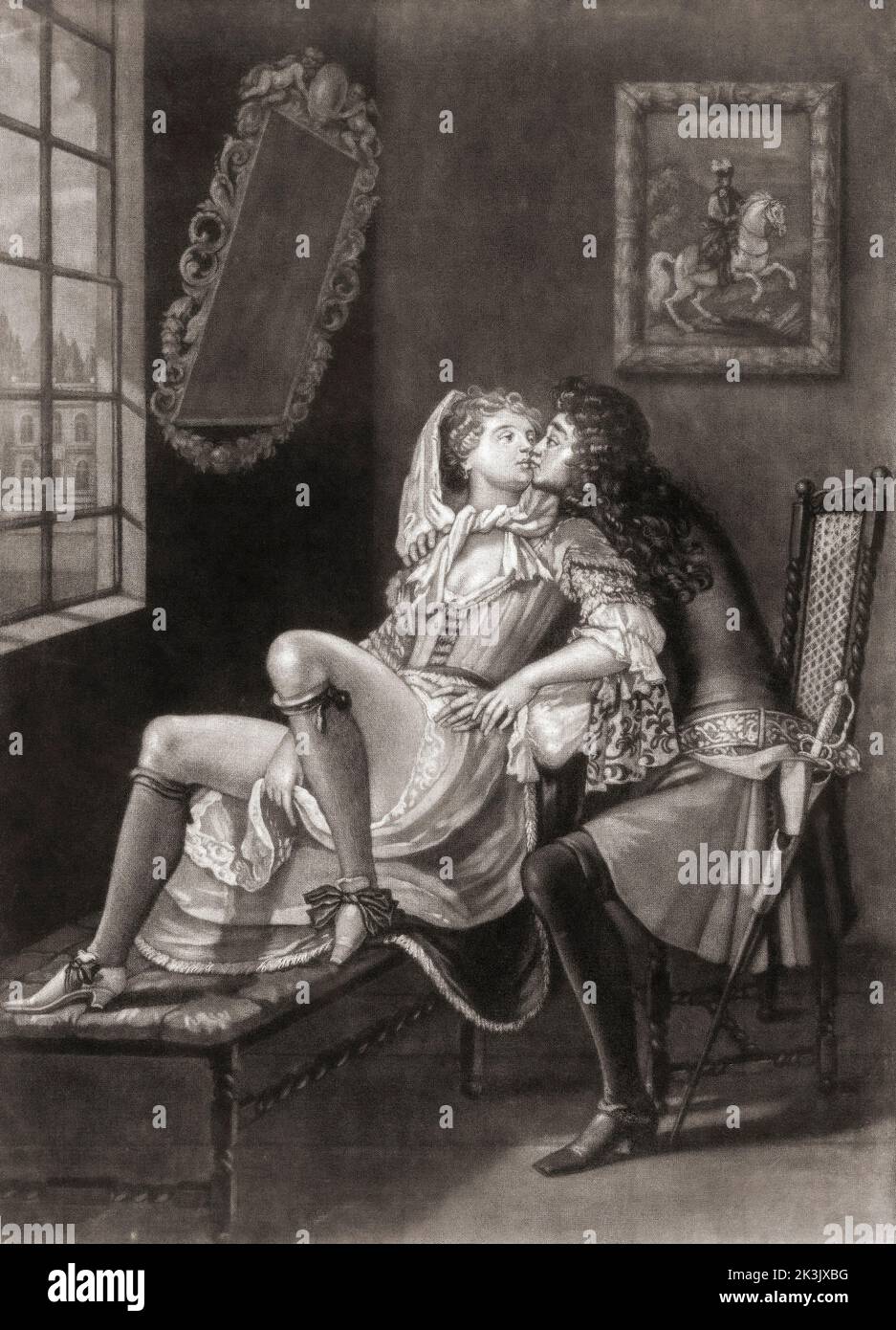Une séduction. Un homme et une femme dans une situation sensuelle. Après une œuvre d'un artiste non identifié de la fin du siècle 17th. Banque D'Images