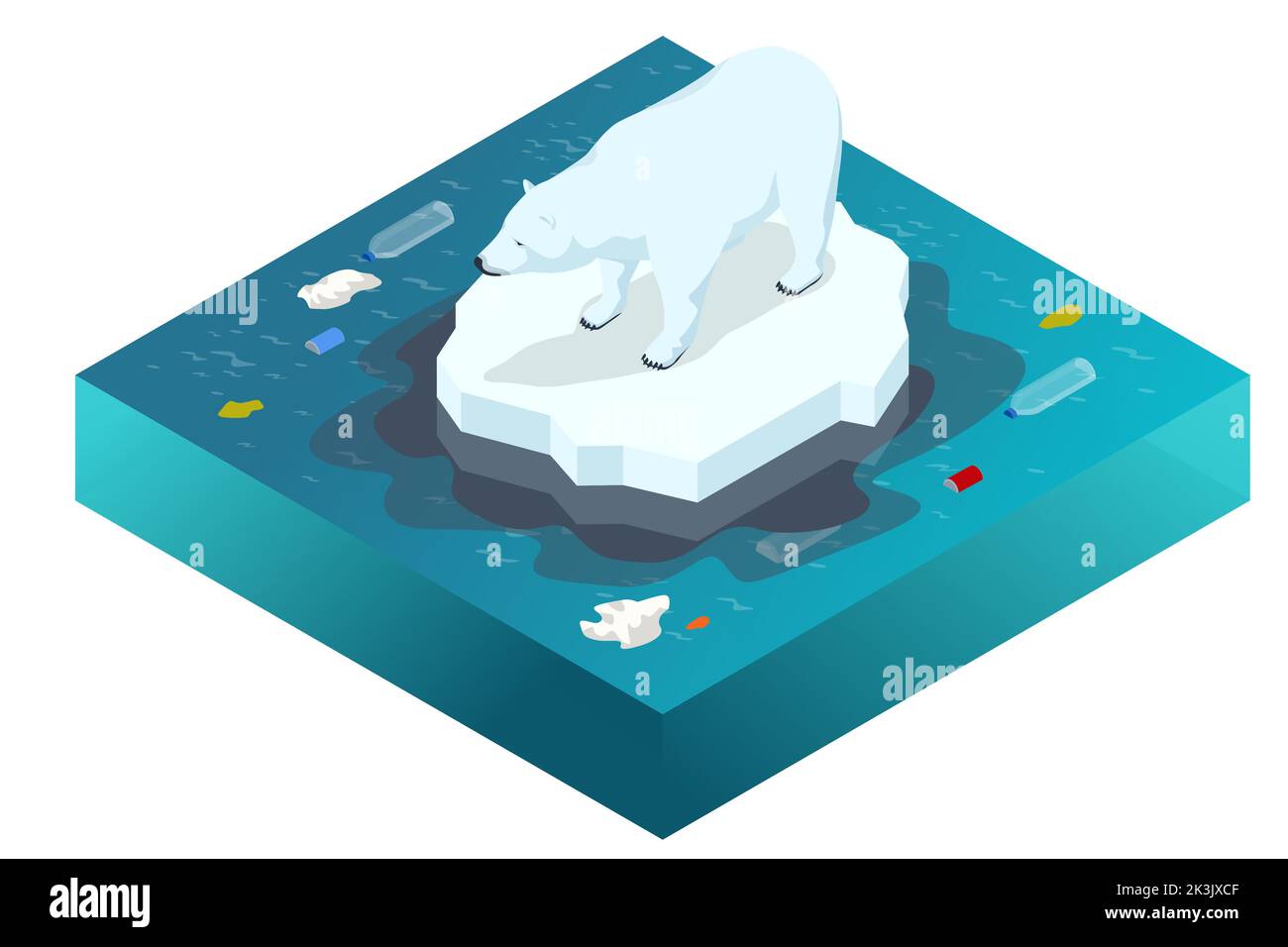 Concept isométrique de réchauffement climatique. Ours polaire sur la banquise. Fonte des icebergs et réchauffement de la planète. Changement climatique. Catastrophe écologique, environnementale Illustration de Vecteur