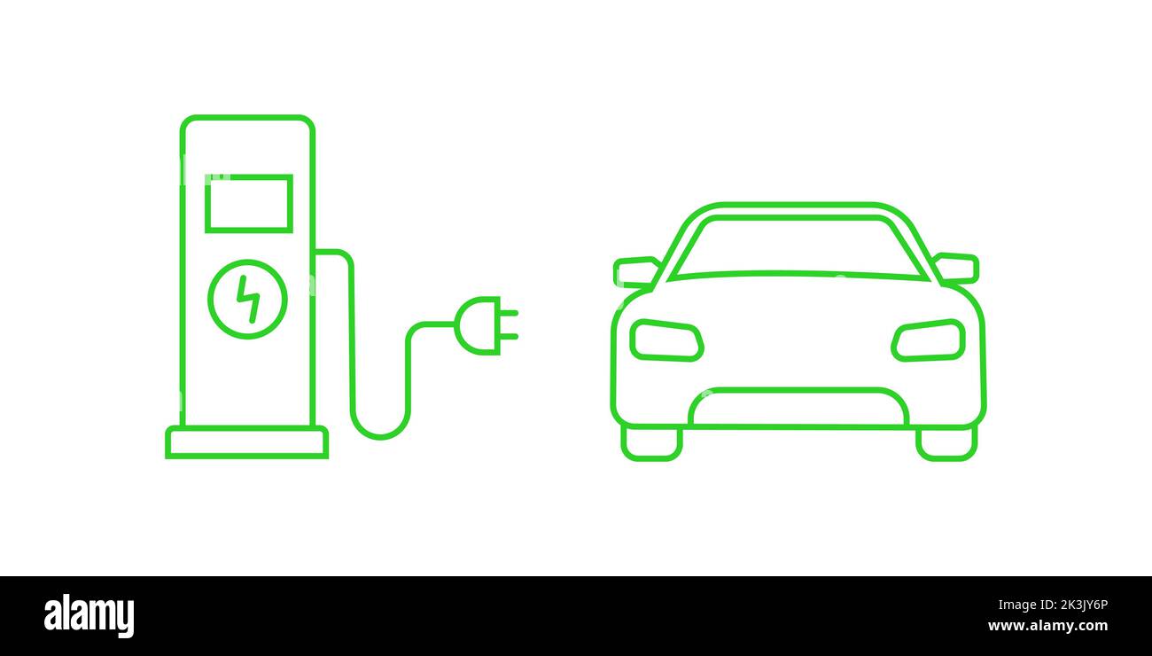 Icône de voiture électrique. Concept de station de charge. Illustration vectorielle. Pictogramme isolé sur fond blanc. Illustration de Vecteur