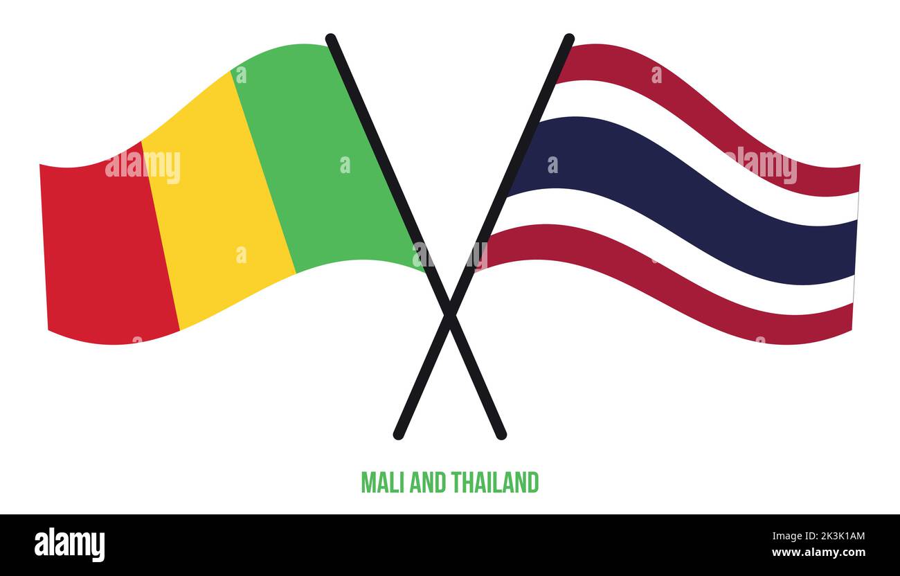 Mali et Thaïlande drapeaux croisés et ondulant le style plat. Proportion officielle. Corriger les couleurs. Illustration de Vecteur