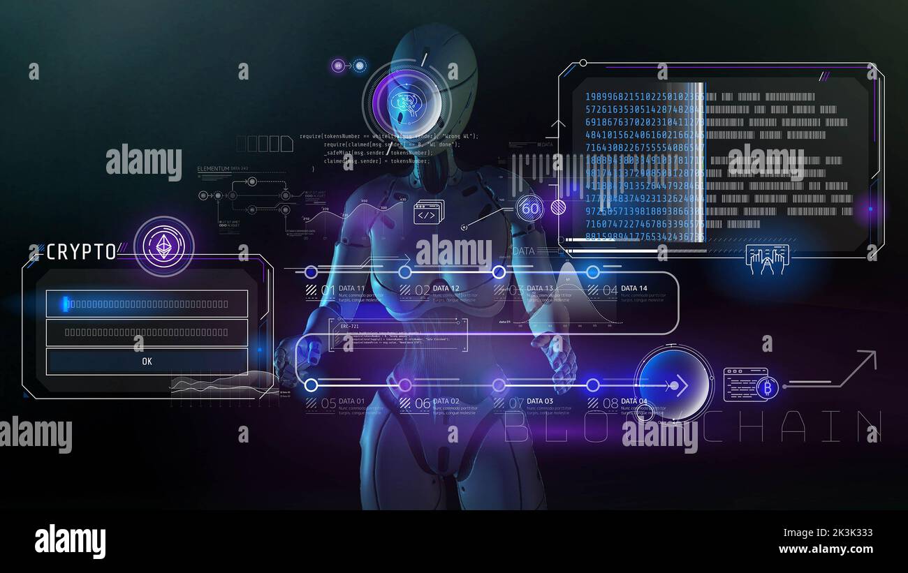 Intelligence artificielle et panneau virtuel de données cryptographiques, rendu 3D. Banque D'Images