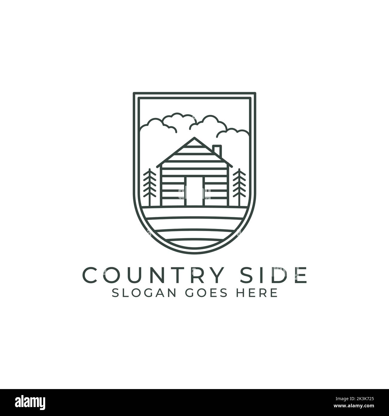 Logo contour de pays carré. Carré à lignes vectorielles avec cabines pour le paysage de la nature. Illustration de Vecteur