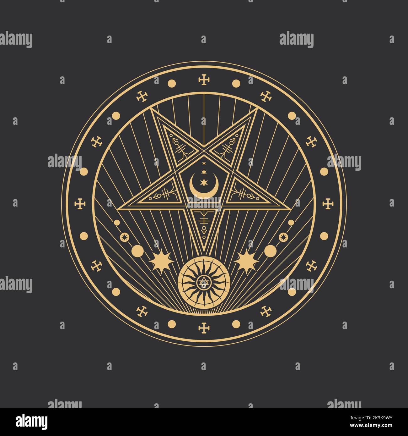 Pentagramme, cercle ésotérique, magie occulte et symbole de tarot, pentacule vecteur, étoile et ankh. Pentagramme ésotérique et occulte avec soleil et lune, alchimie, occultisme tarot et signe rituel wicca païen Illustration de Vecteur