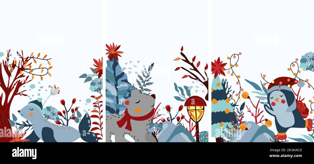Composition hivernale avec un adorable ours polaire dans un foulard, un drôle de phoque, un pingouin sur les patins, les feuilles, l'arbre et d'autres. Animal polaire d'hiver. Idéal pour les cartes de vœux, les affiches, les cartes postales et les bannières. Vecteur. Illustration de Vecteur