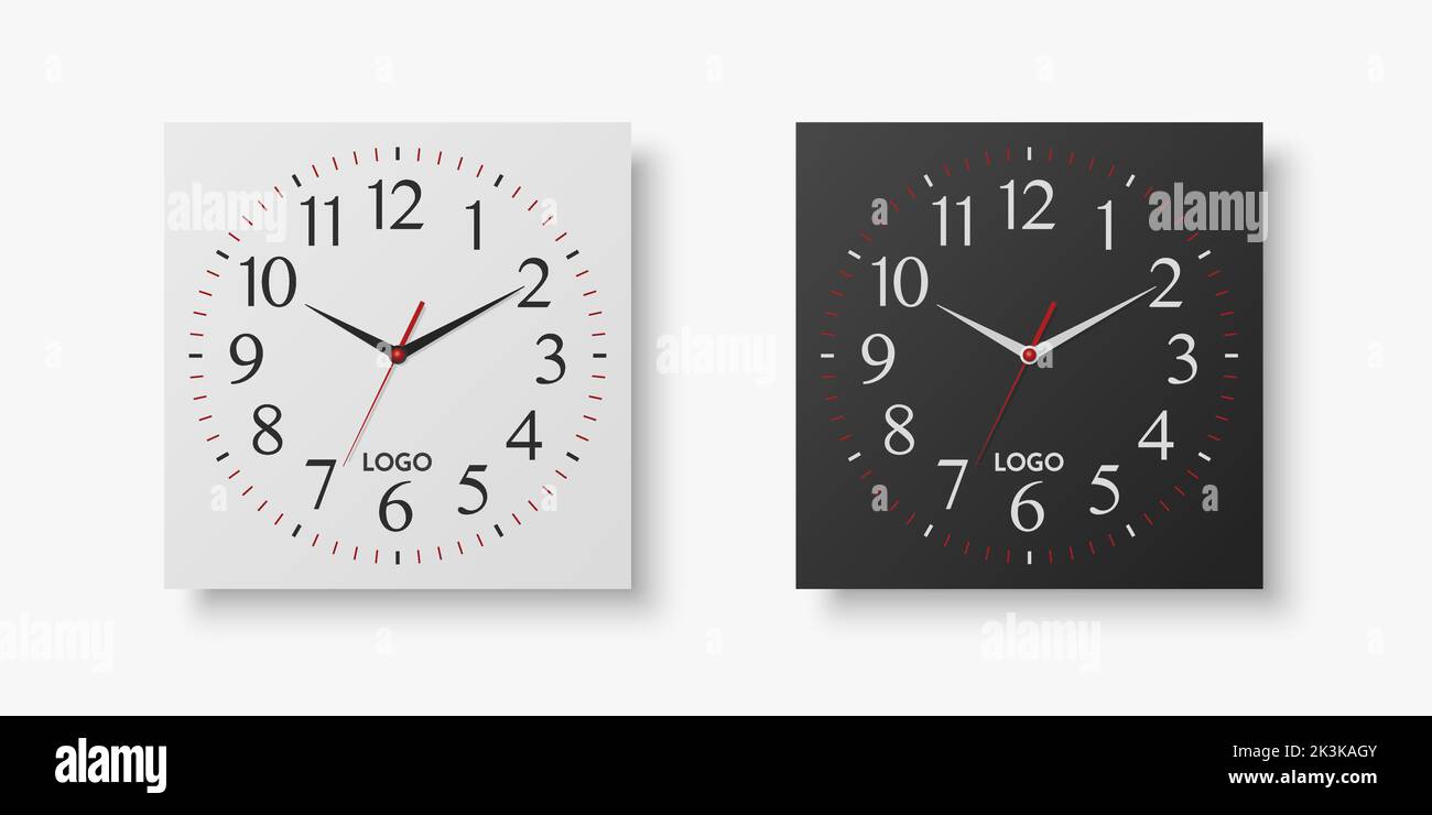 Vector 3D Realistic White, Black Square Wall Office Clock Set, modèle de conception isolé sur blanc. Composer avec des chiffres romains. Maquette de l'horloge murale pour Illustration de Vecteur
