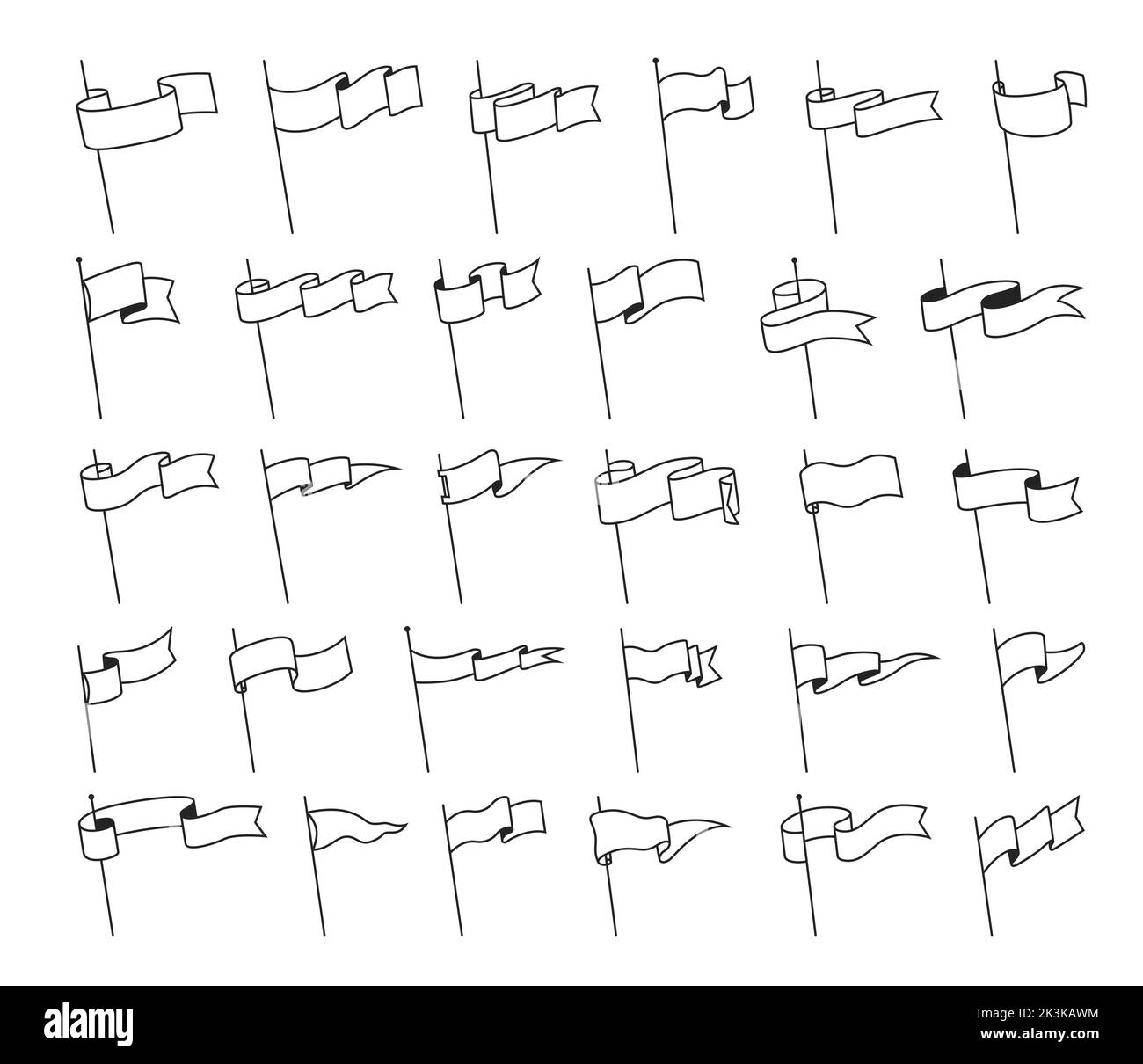 Drapeaux de fanions rétro, pendentifs de bannières sur les mâts de drapeaux et les panneaux de pavage, icônes de lignes vectorielles. Camp de sport ou université et club de varsity isolés fanions vierges sur les pôles en blanc et noir de contour linéaire Illustration de Vecteur