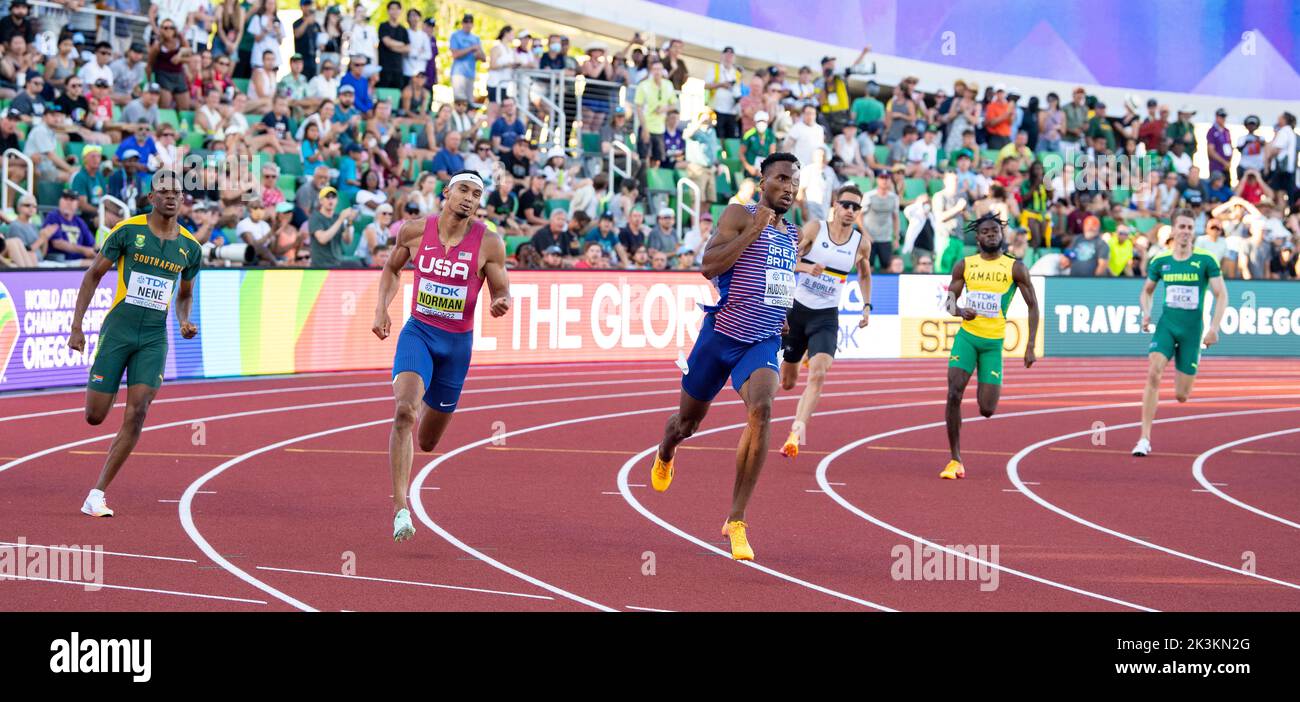 Zakhiti Nene, Michael Norman, Matthew Hudson-Smith, Dylan Borlee, Christopher Taylor et Alex Beck se disputent les épreuves de 400m à l'athlétisme mondial Banque D'Images