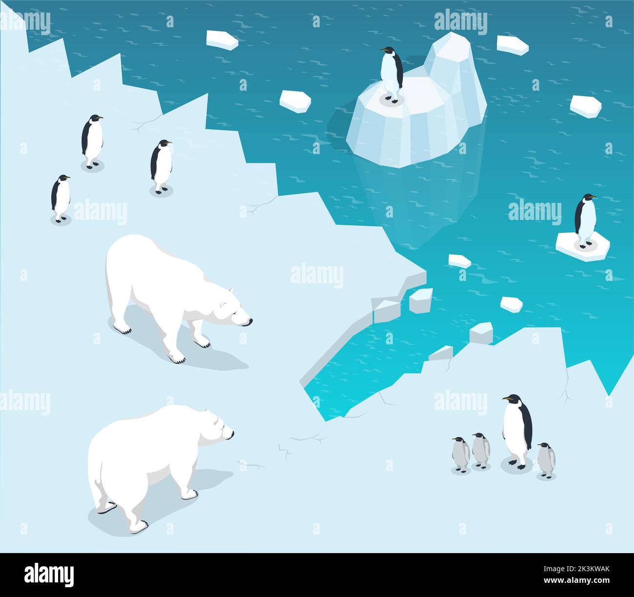 Concept isométrique de réchauffement climatique. Ours polaire et pingouin sur la banquise. Fonte des icebergs et réchauffement de la planète. Changement climatique. Catastrophe écologique Illustration de Vecteur