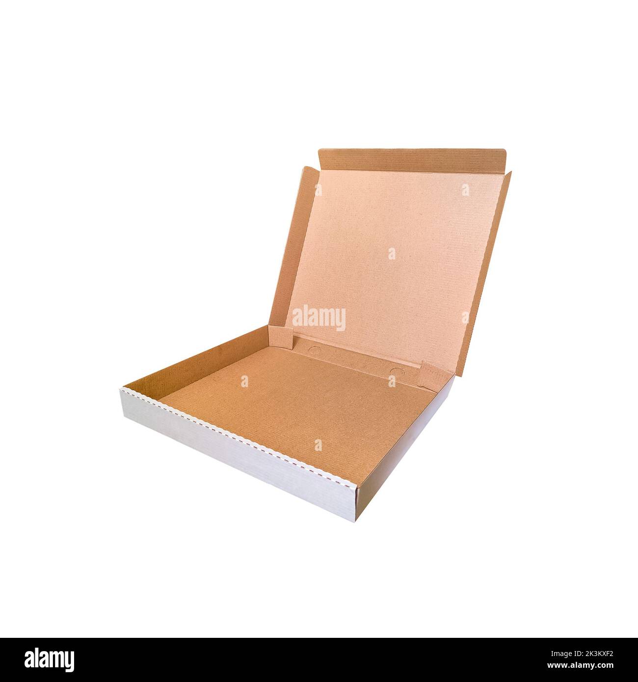 Vider la boîte en carton ouverte pour pizza isolée sur fond blanc. Banque D'Images