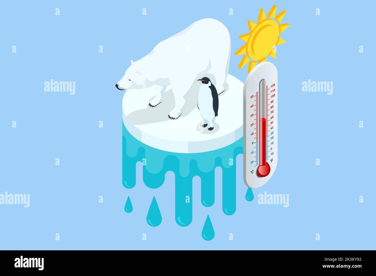 Concept isométrique de réchauffement climatique. Ours polaire et pingouin sur la banquise avec thermomètre. Fonte des icebergs et réchauffement de la planète. Changement climatique. Écologique Illustration de Vecteur