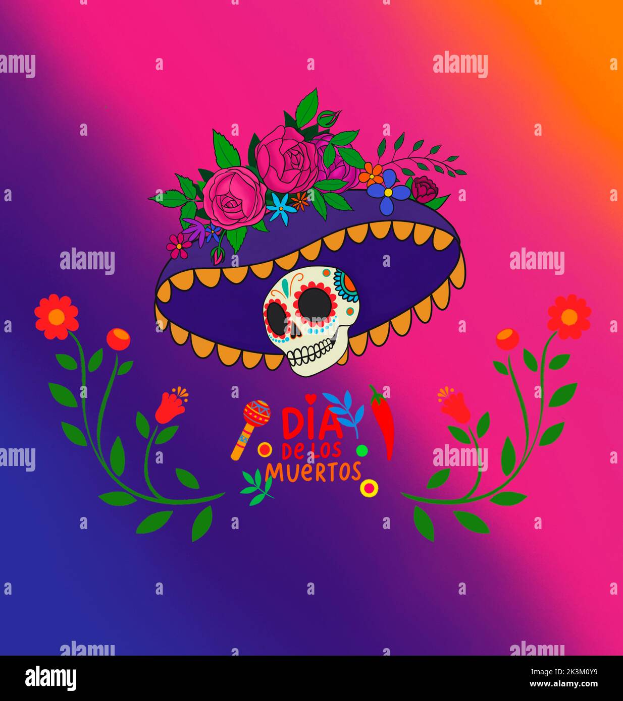 Dia de los muertos, jour des morts, vacances mexicaines, festival. Crâne avec guitare, plumes, fleurs, isolé sur fond sombre. Affiche et bannière. Banque D'Images