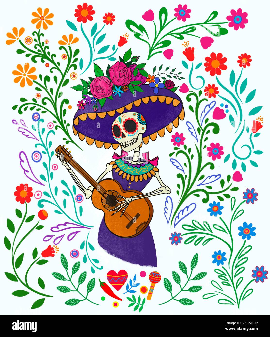 Dia de los muertos, jour des morts, vacances mexicaines, festival. Crâne de fille en chapeau avec plumes, fleurs, isolé sur fond noir foncé. Banque D'Images