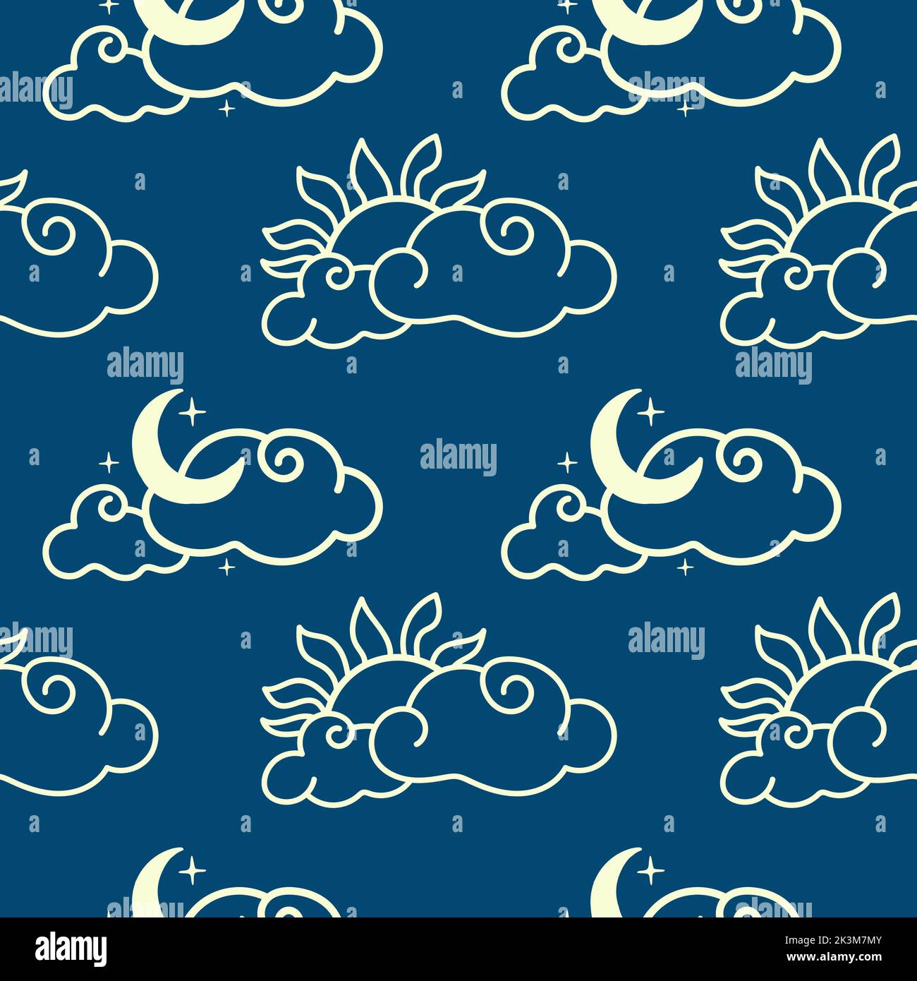 Un motif sans couture d'un nuage avec le soleil et d'un nuage avec la lune et les étoiles, éléments dessinés dans un style doodle. Phénomène naturel. Jour. Nuit. Heure Illustration de Vecteur