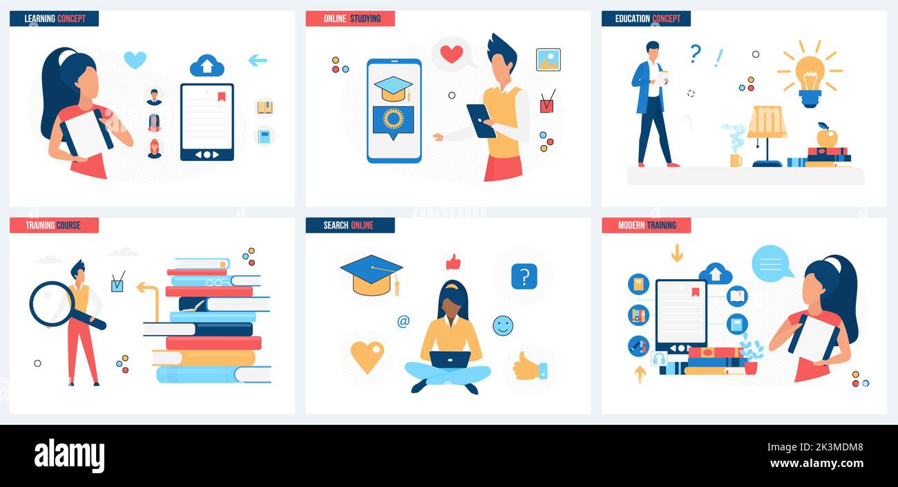 Enseignement en ligne, apprentissage avec téléphone mobile applications définir illustration vectorielle. Les élèves de dessin animé étudiant avec podcast audio, ebook et tutoriaux concept pour la bannière, la conception de site Web ou la page d'arrivée Web Illustration de Vecteur