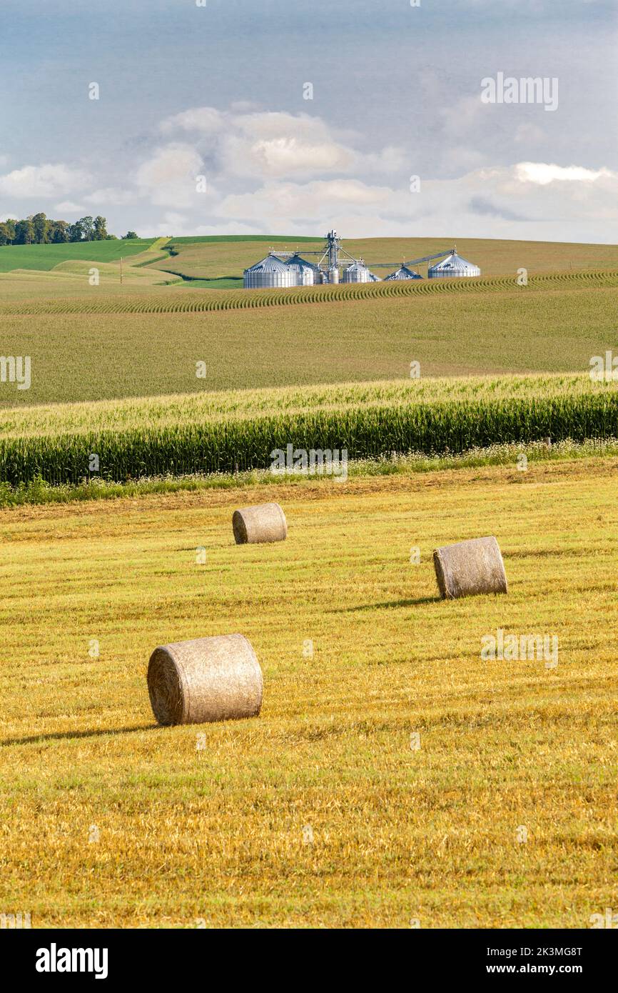 La Motte, Iowa. Balles de foin et terres agricoles. Banque D'Images