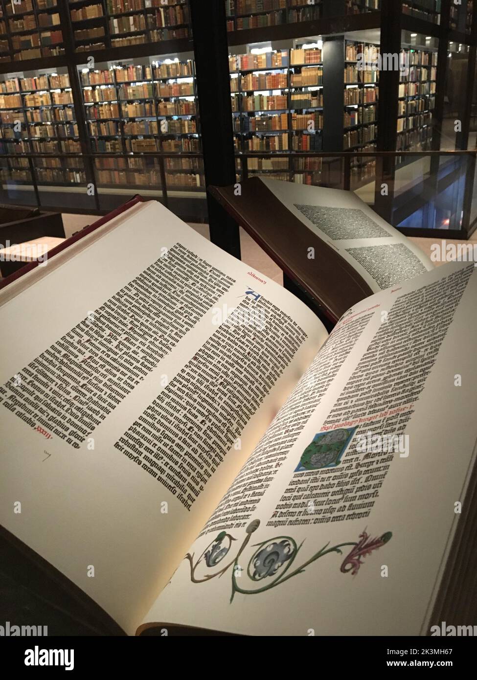Une Bible de Guttenberg, l'un des premiers livres imprimés à l'aide d'une presse et de meubles, est exposée à la bibliothèque Beinecke rare Books de l'Université de Yale Banque D'Images