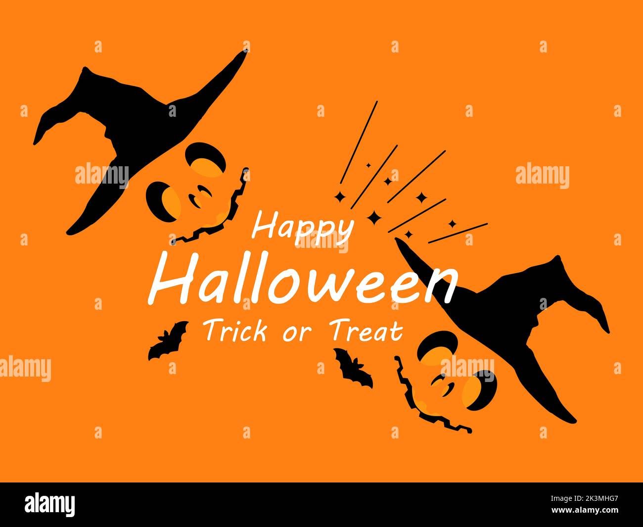 Joyeux Halloween 31 octobre, trick or Treat. Bannière festive avec visage sculpté Halloween dans un chapeau de sorcière et des chauves-souris. Design pour cartes de vœux, affiches et Illustration de Vecteur