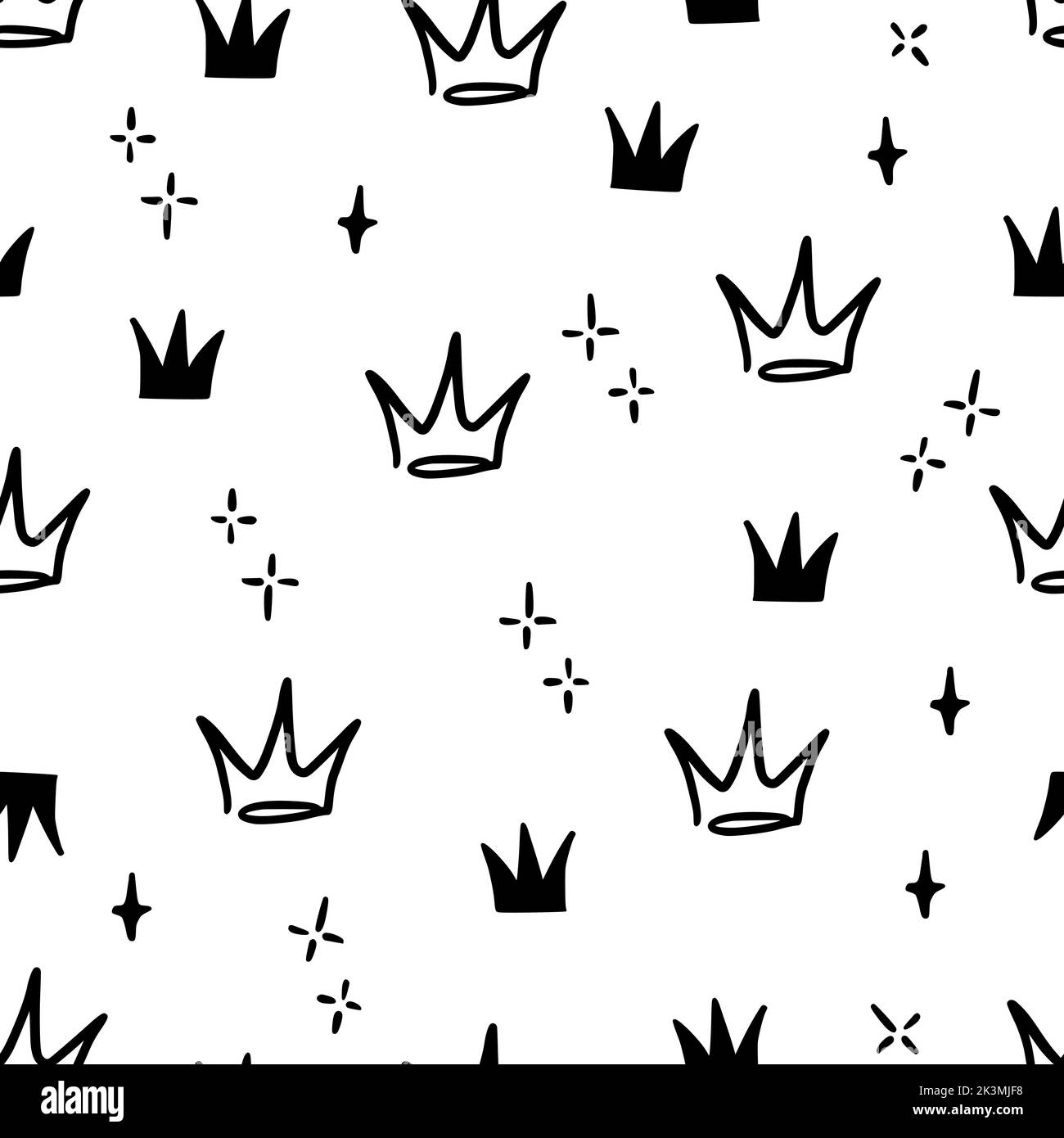 Motif sans couture dessiné à la main sur la couronne de Doodle. Couronne de princesse Doodle, motif de tiara queen. Esquissez une ligne sur l'arrière-plan royal. Grand lit, très grand lit, dessin à la main, fond d'écran simple. Illustration vectorielle. Illustration de Vecteur