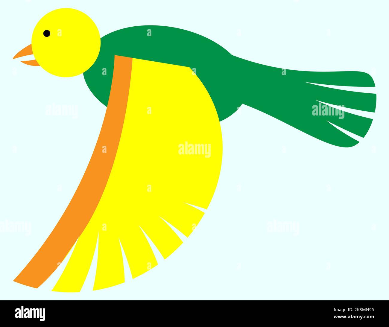 Un oiseau, un oiseau canari volant dans le ciel, couleurs vert et orange et jaune et bleu, illustration d'oiseau, oiseau coloré, style de dessin minimal Banque D'Images