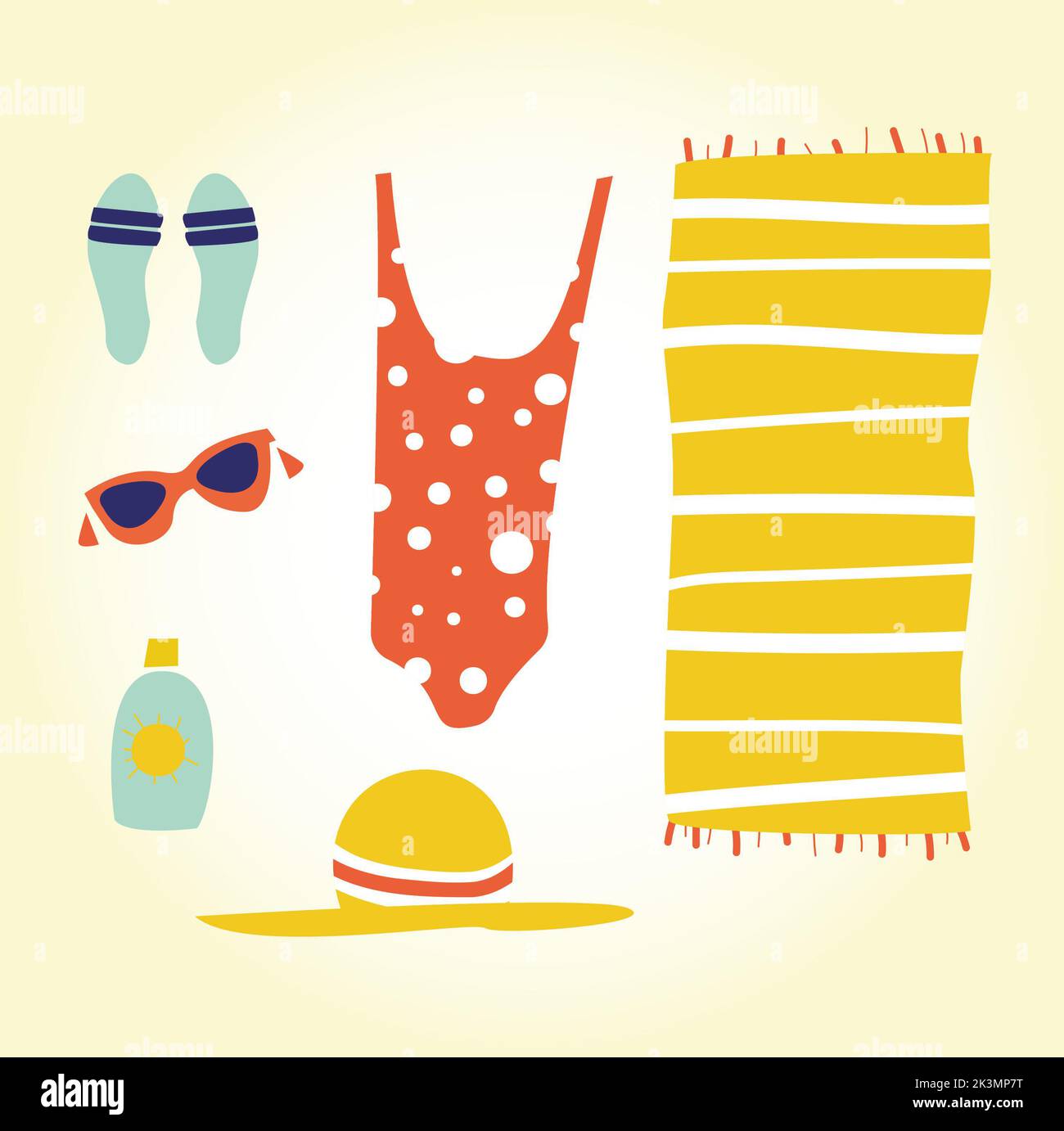 ensemble d'été plage, maillot de bain serviette chapeau lunettes illustration Banque D'Images
