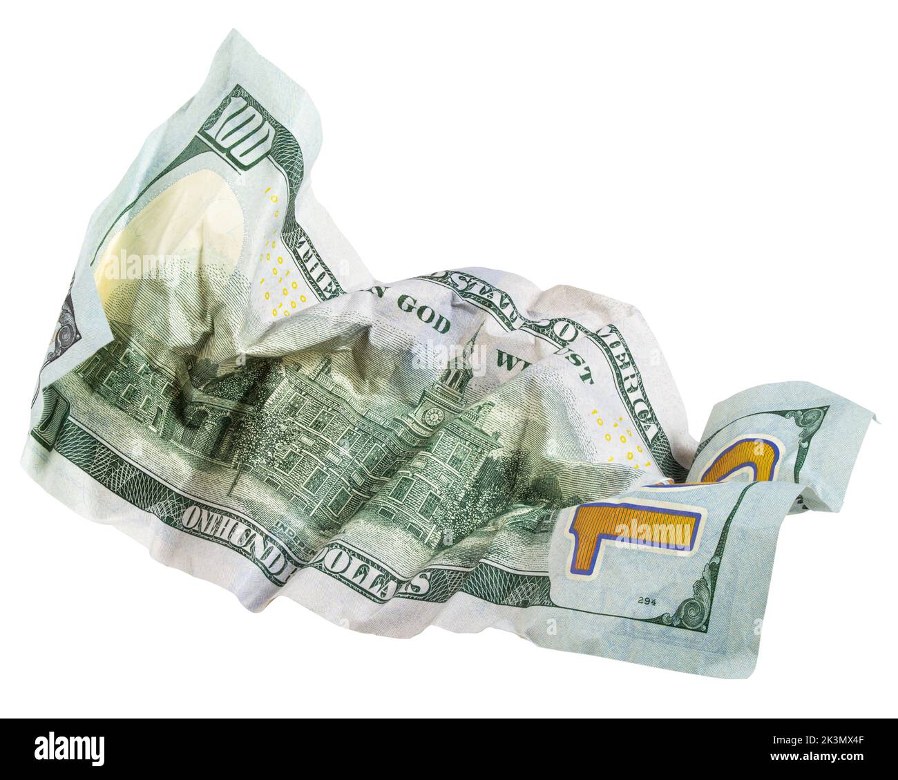 Froissé, 100 dollars, isolé sur fond blanc, chemin de coupure, pleine profondeur de champ Banque D'Images